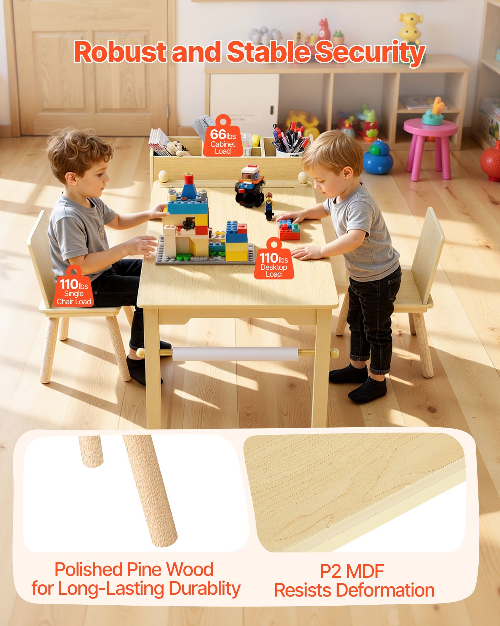VEVOR Mesa Infantil con 2 Sillas y Armario de 3 Niveles, para Leer, Aprender, Dibujar y Escribir, Conjunto de Asientos Infantiles para Guardería, Mesa/Escritorio de Manualidades, Madera Clara