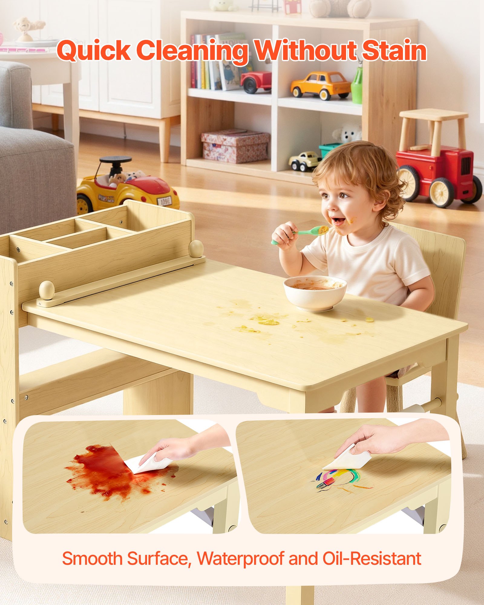 VEVOR Mesa Infantil con 2 Sillas y Armario de 3 Niveles, para Leer, Aprender, Dibujar y Escribir, Conjunto de Asientos Infantiles para Guardería, Mesa/Escritorio de Manualidades, Madera Clara