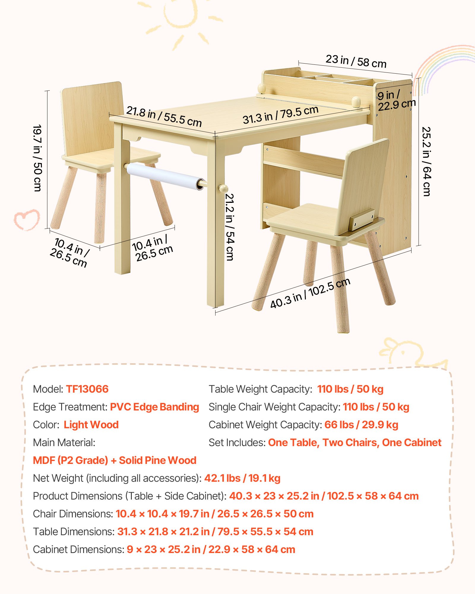 VEVOR Mesa Infantil con 2 Sillas y Armario de 3 Niveles, para Leer, Aprender, Dibujar y Escribir, Conjunto de Asientos Infantiles para Guardería, Mesa/Escritorio de Manualidades, Madera Clara