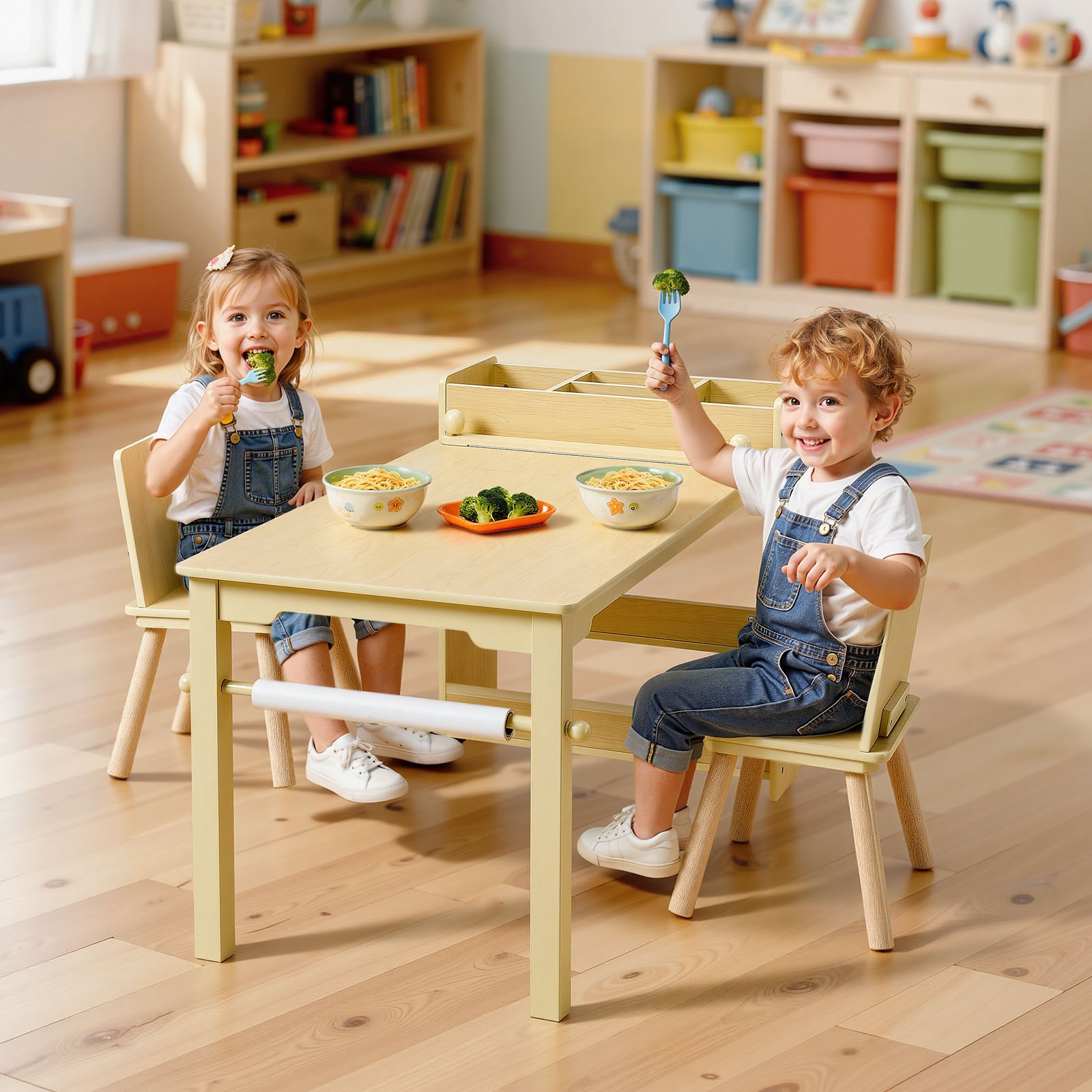 VEVOR Mesa Infantil con 2 Sillas y Armario de 3 Niveles, para Leer, Aprender, Dibujar y Escribir, Conjunto de Asientos Infantiles para Guardería, Mesa/Escritorio de Manualidades, Madera Clara