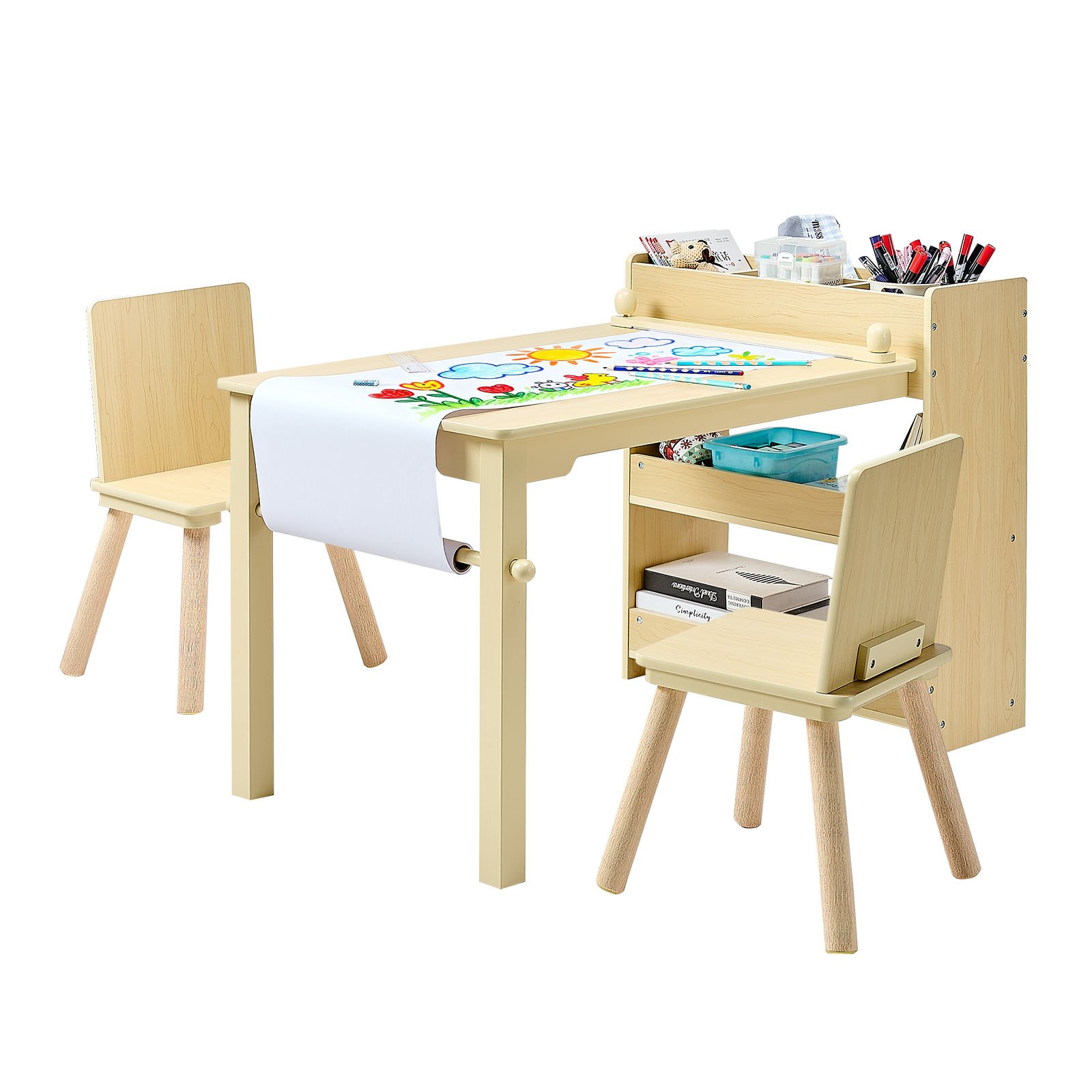 VEVOR Mesa Infantil con 2 Sillas y Armario de 3 Niveles, para Leer, Aprender, Dibujar y Escribir, Conjunto de Asientos Infantiles para Guardería, Mesa/Escritorio de Manualidades, Madera Clara