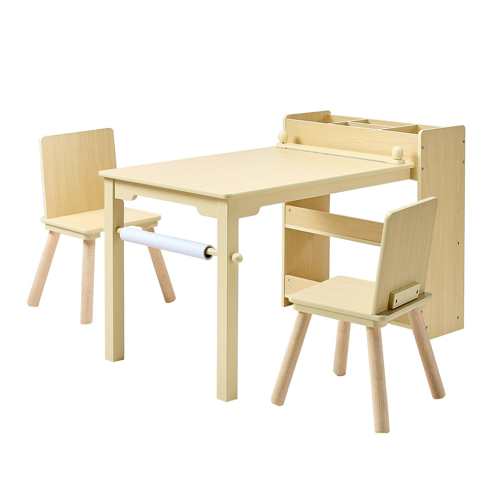 VEVOR Mesa Infantil con 2 Sillas y Armario de 3 Niveles, para Leer, Aprender, Dibujar y Escribir, Conjunto de Asientos Infantiles para Guardería, Mesa/Escritorio de Manualidades, Madera Clara