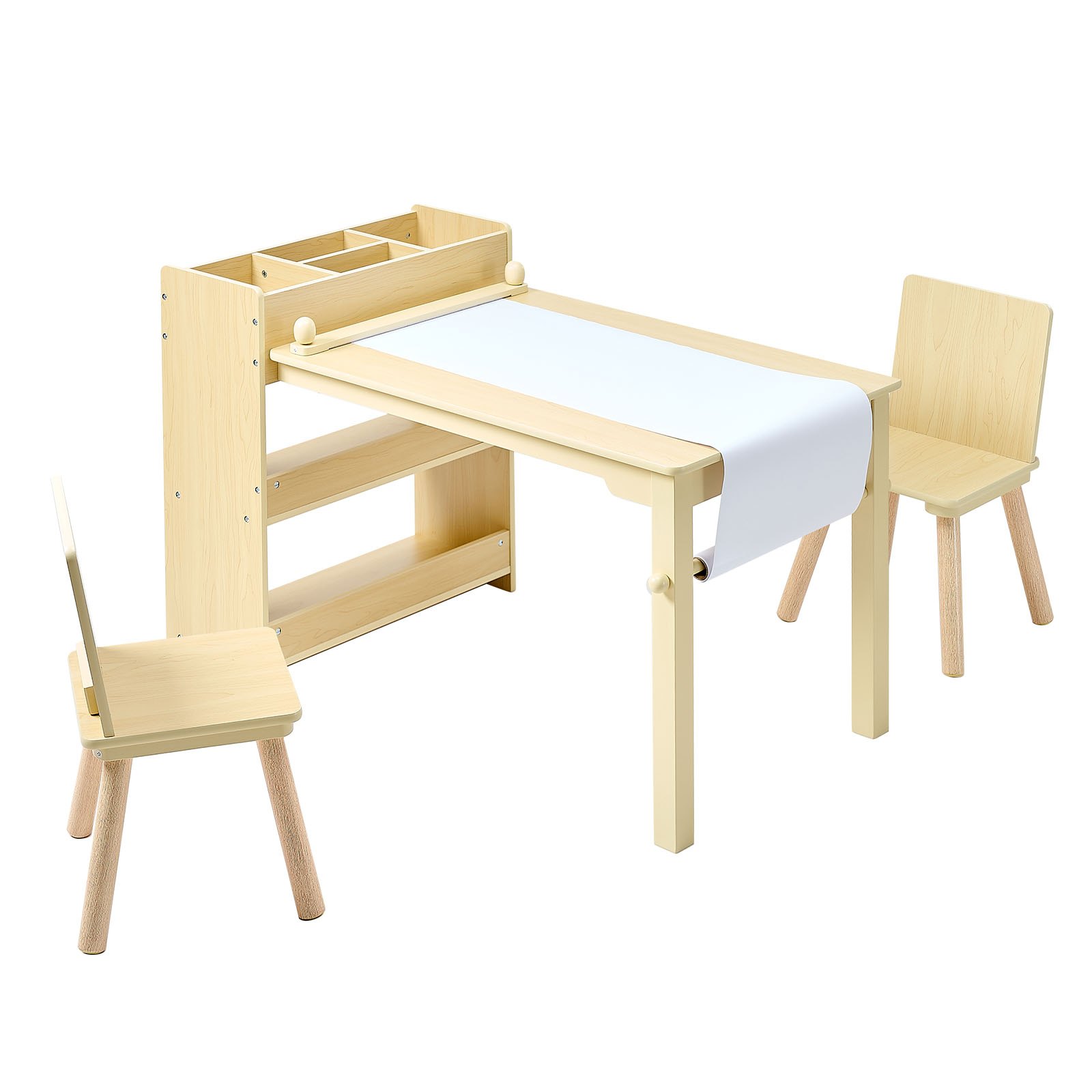 VEVOR Mesa Infantil con 2 Sillas y Armario de 3 Niveles, para Leer, Aprender, Dibujar y Escribir, Conjunto de Asientos Infantiles para Guardería, Mesa/Escritorio de Manualidades, Madera Clara