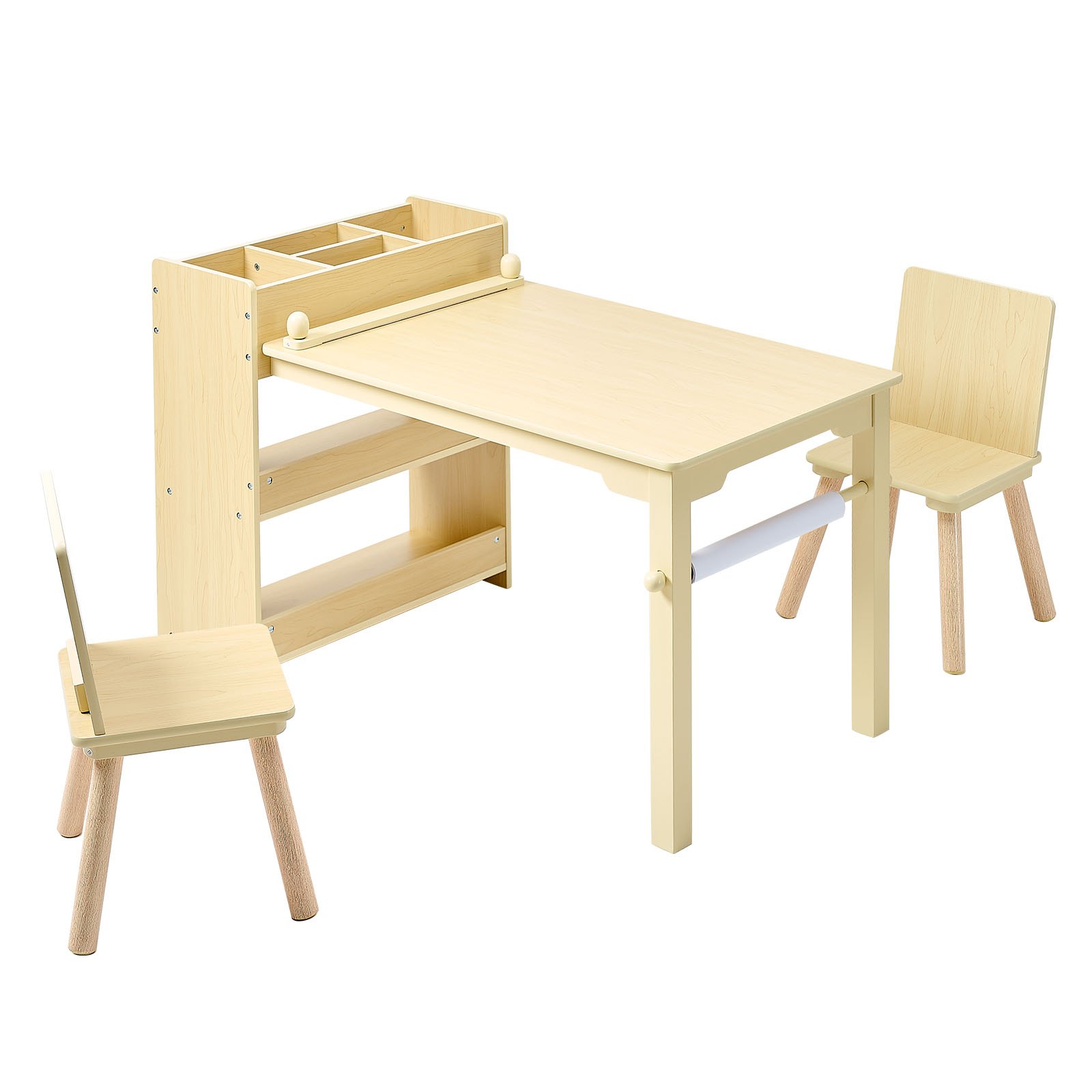 VEVOR Mesa Infantil con 2 Sillas y Armario de 3 Niveles, para Leer, Aprender, Dibujar y Escribir, Conjunto de Asientos Infantiles para Guardería, Mesa/Escritorio de Manualidades, Madera Clara