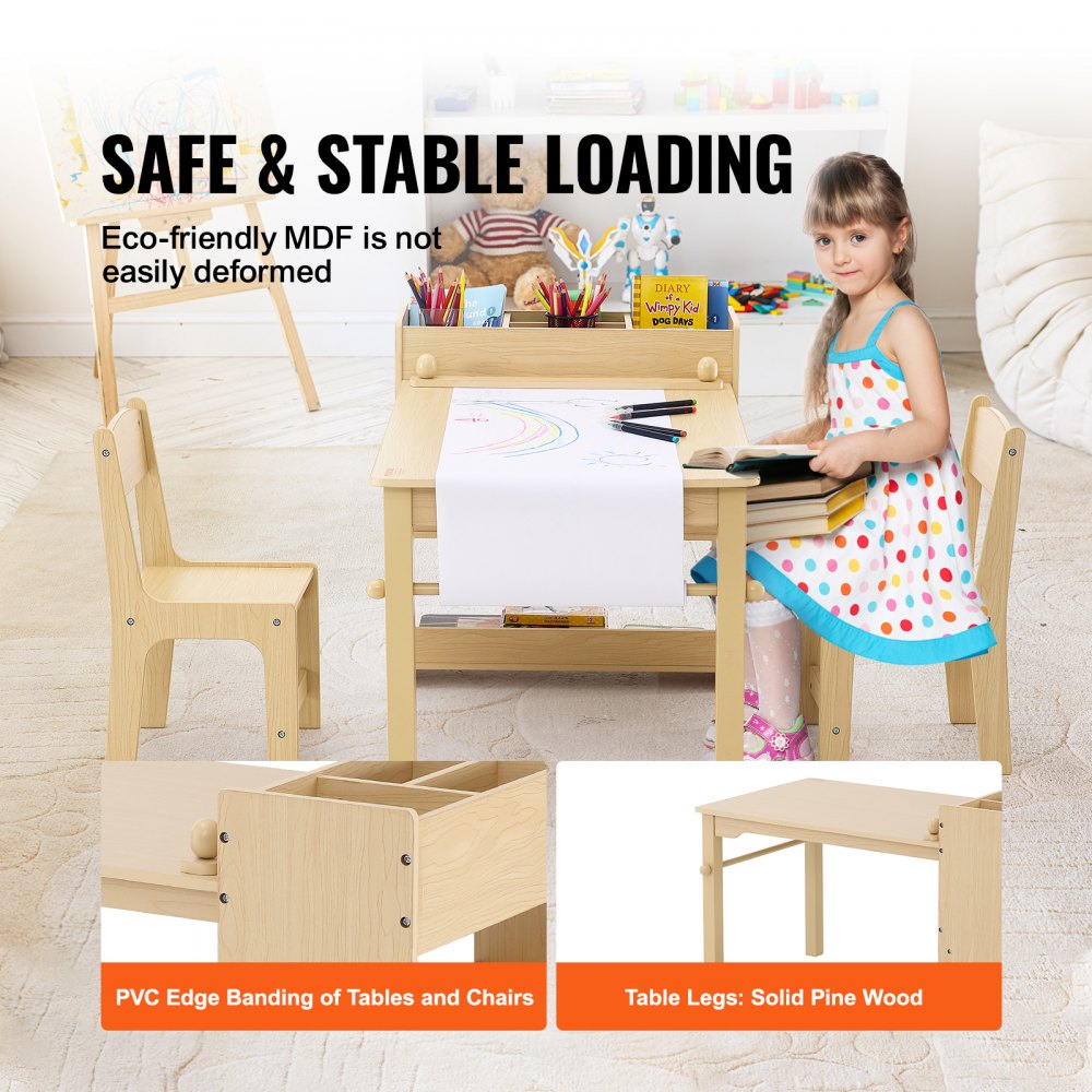 VEVOR 1 Mesa Infantil + 2 Sillas de 795x555x540 mm y 304x284x551 mm Conjunto de Muebles Infantiles con Estante Integrado para Estudiar, Comer, Jugar, Leer, Dibujar, Habitación Infantil, Escuela