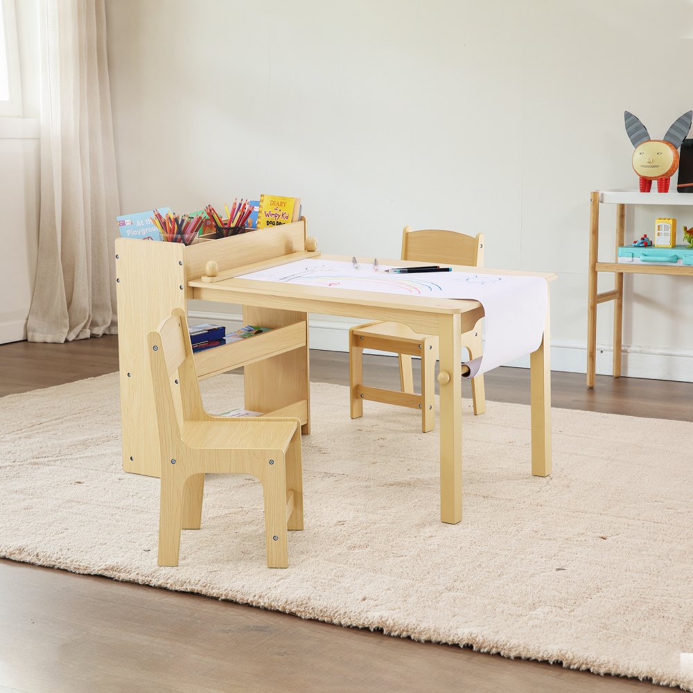 VEVOR 1 Mesa Infantil + 2 Sillas de 795x555x540 mm y 304x284x551 mm Conjunto de Muebles Infantiles con Estante Integrado para Estudiar, Comer, Jugar, Leer, Dibujar, Habitación Infantil, Escuela