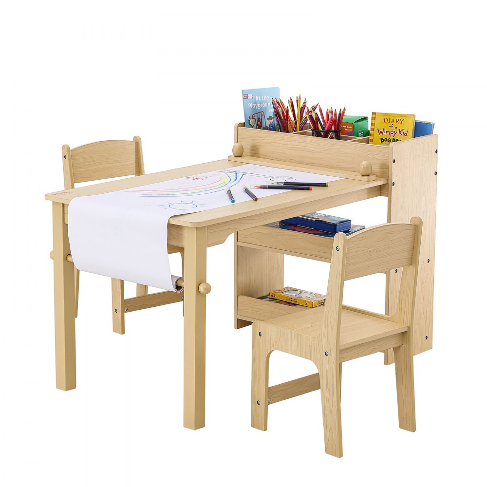 VEVOR 1 Mesa Infantil + 2 Sillas de 795x555x540 mm y 304x284x551 mm Conjunto de Muebles Infantiles con Estante Integrado para Estudiar, Comer, Jugar, Leer, Dibujar, Habitación Infantil, Escuela