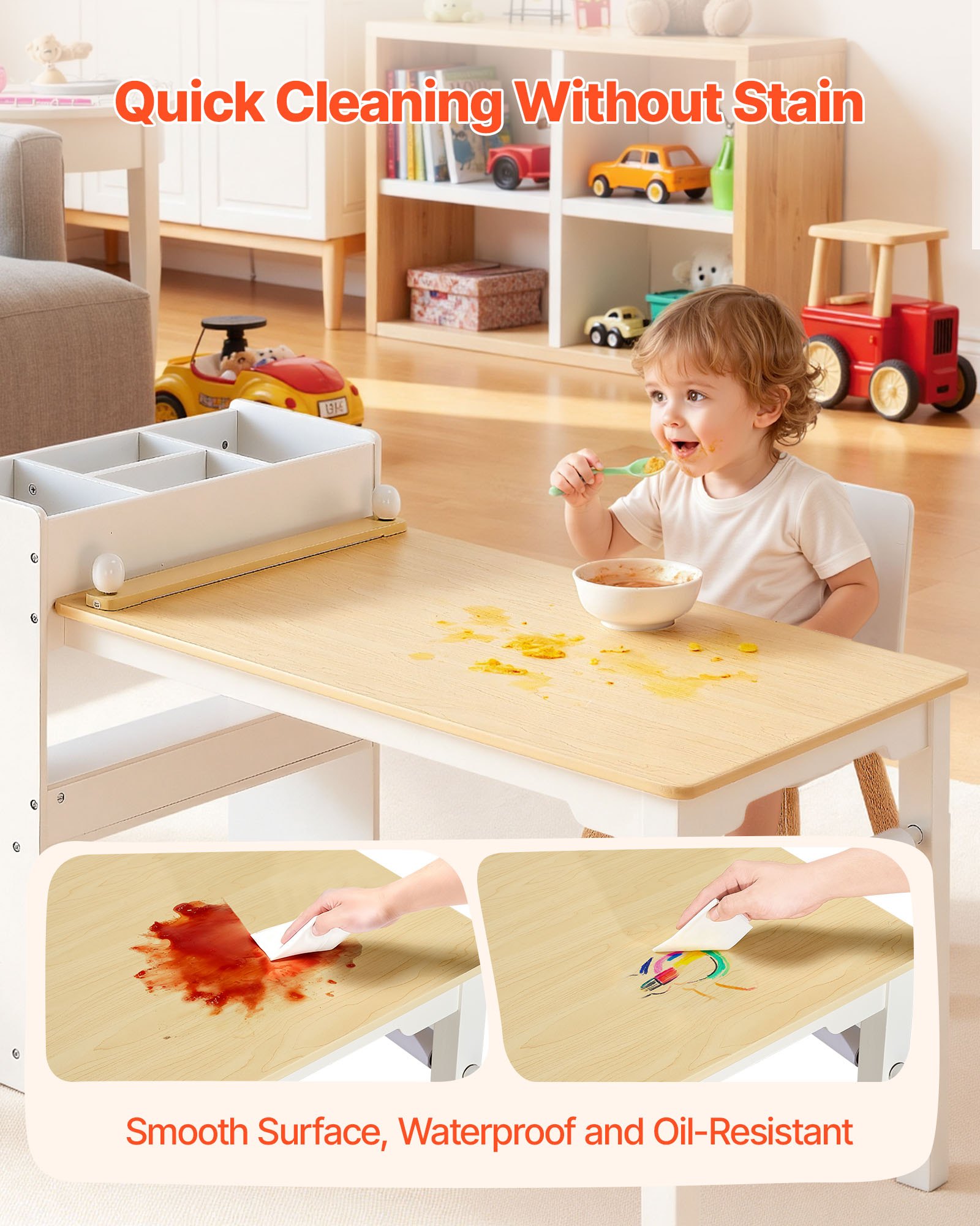 VEVOR Kids Art Table and Chair Set, Toddler Craft Table with 3 Tiers Storage Cabinet, Wooden Kids Activity Play Desk with 2 Chairs, Art Craft Play Desk for Reading, Learning, Drawing, Writing, White