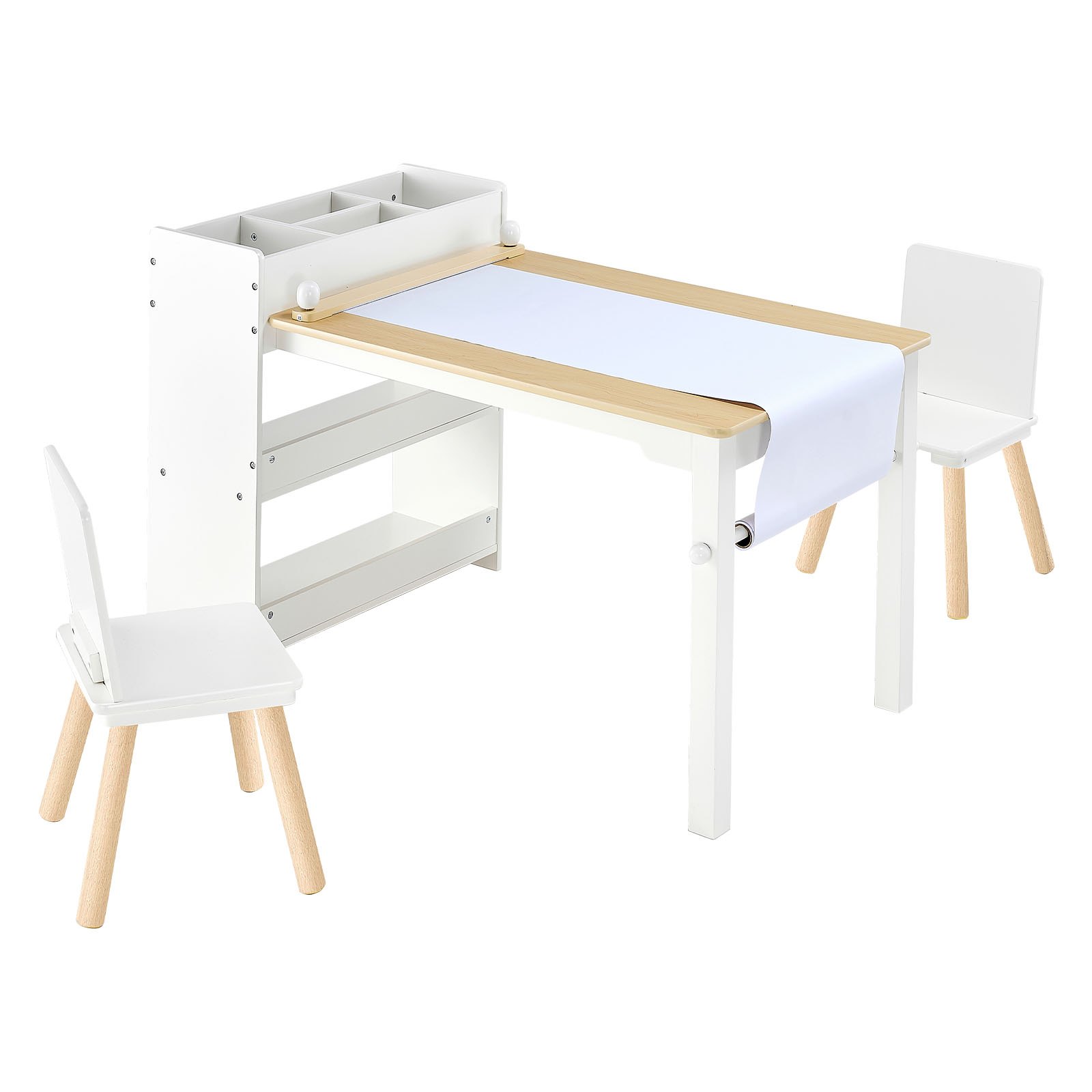 VEVOR Kids Art Table and Chair Set, Toddler Craft Table with 3 Tiers Storage Cabinet, Wooden Kids Activity Play Desk with 2 Chairs, Art Craft Play Desk for Reading, Learning, Drawing, Writing, White
