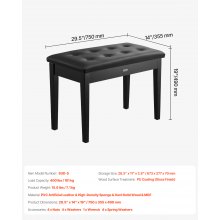 VEVOR Banco de Piano con Asiento Acolchado y Almacenamiento, 750 x 355 x 490 mm