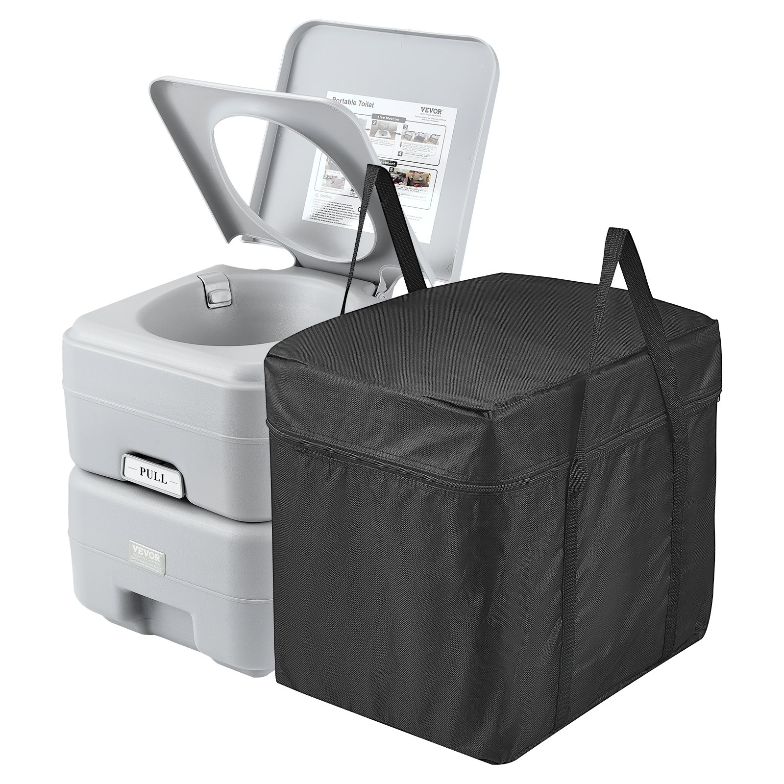 VEVOR Inodoro portátil para acampar, orinal portátil con bolsa de transporte, tanque de desechos de 5,3 galones y tanque de descarga de 3,2 galones, cómoda con descarga presurizada con botón, inodoro de viaje a prueba de fugas e inodoro para autocaravana