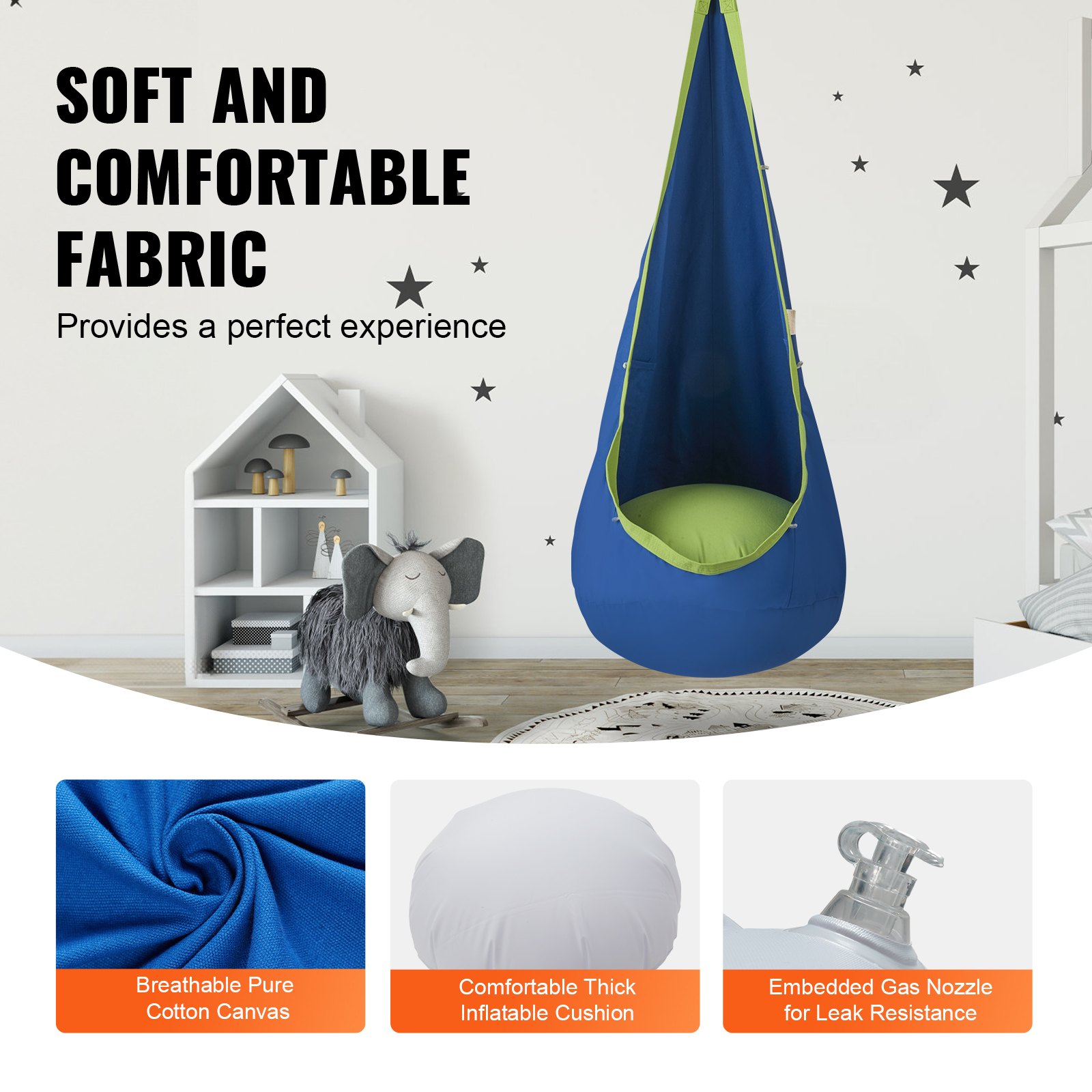 VEVOR Hamaca Nido para Niños 70x160 cm Asiento Colgante para Hamaca con Cadena de Luces LED Columpio Interior y Exterior Carga de 54 kg 100% Algodón para Dormitorio, Terraza, Jardín, Bosque, Azul