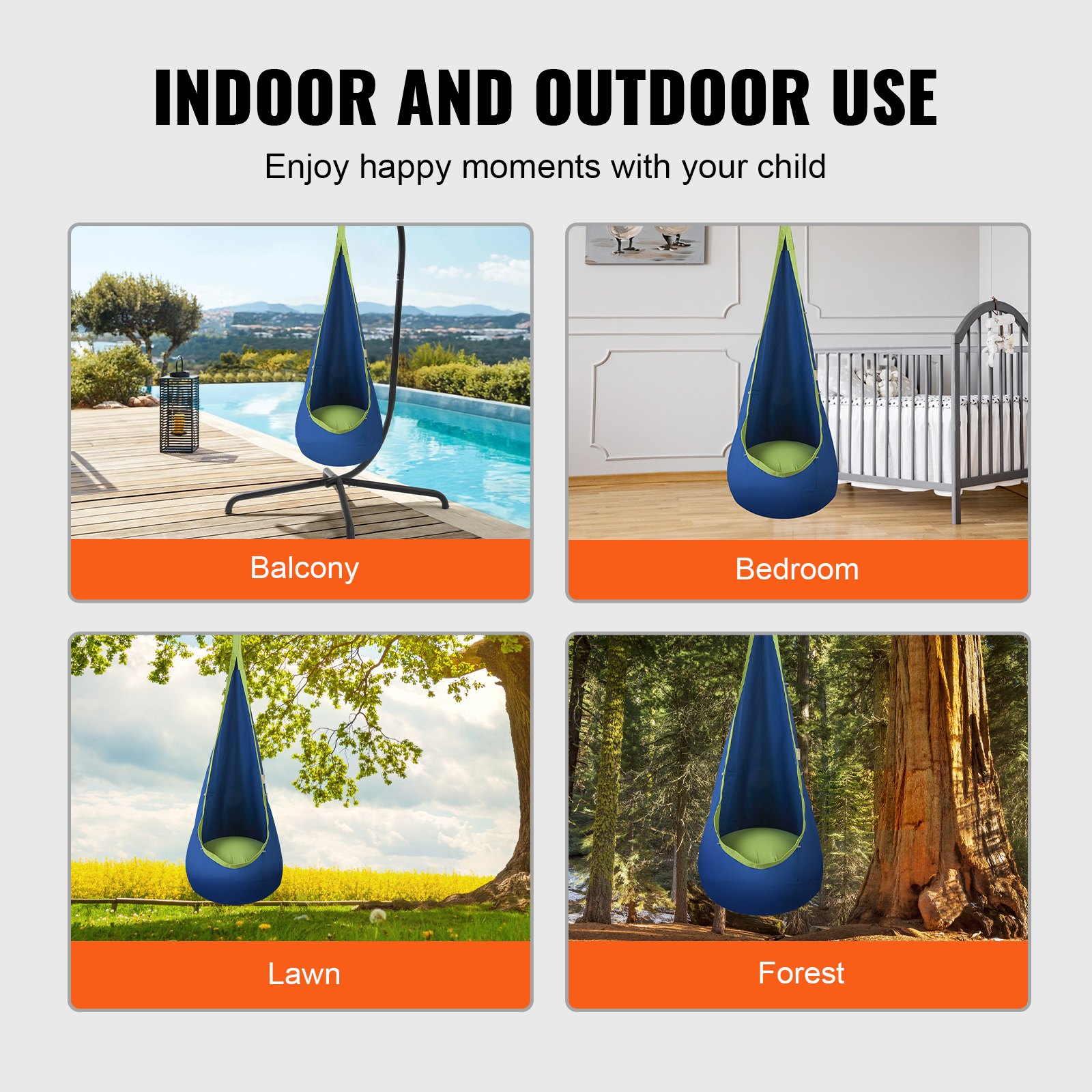 VEVOR Hamaca Nido para Niños 70x160 cm Asiento Colgante para Hamaca con Cadena de Luces LED Columpio Interior y Exterior Carga de 54 kg 100% Algodón para Dormitorio, Terraza, Jardín, Bosque, Azul