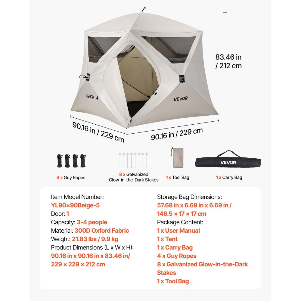 VEVOR Tienda de Campaña Instantánea para 4 Personas, Tienda de Camping Pop Up Pórtatil, con Ventanas Grandes de Malla, Bolsa de Transporte, para Acampada al Aire Libre de Familia Amigos, Color Beige