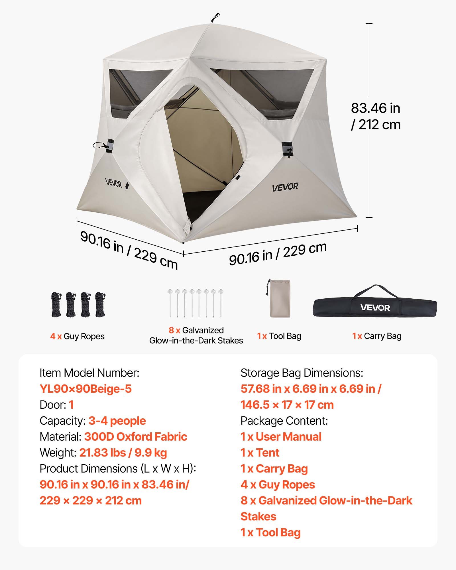 VEVOR Tienda de Campaña Instantánea para 4 Personas, Tienda de Camping Pop Up Pórtatil, con Ventanas Grandes de Malla, Bolsa de Transporte, para Acampada al Aire Libre de Familia Amigos, Color Beige