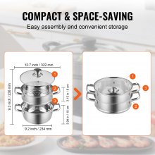 VEVOR Olla Vaporera de Acero Inoxidable 22 cm con Olla de 2,8 L y Cesta de Vapor Vaporera para Alimentos con Tapa de Vidrio 1 Nivel con 1 Par de Guantes Aislantes para Cocinar al Vapor en Cocina