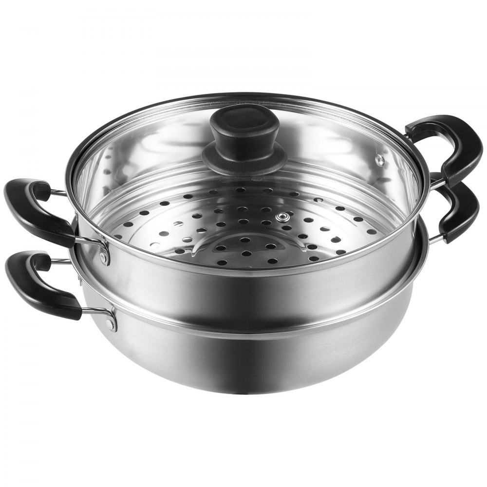 VEVOR Olla Vaporera de Acero Inoxidable 28 cm con Olla de 2,8 L y Cesta de Vapor Vaporera para Alimentos con Tapa de Vidrio 1 Nivel con 1 Par de Guantes Aislantes para Cocinar al Vapor en Cocina