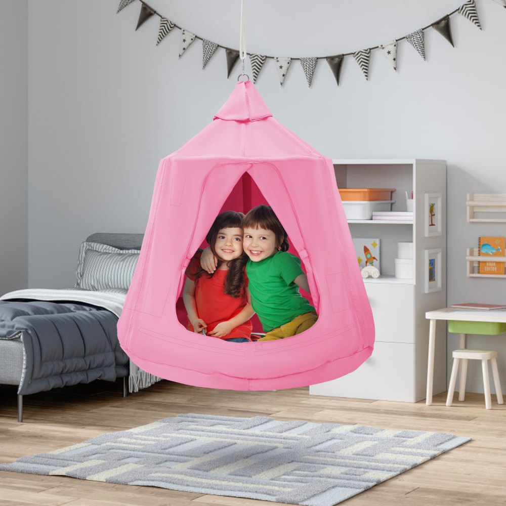 VEVOR Hamaca para Niños, Columpio Colgante para Interiores y Exteriores, Carga de 150 kg, Carpa para Árbol con Cadena de Luces LED, Base Inflable, Carpa para Juegos para Sala de Estar, Jardín, Rosa