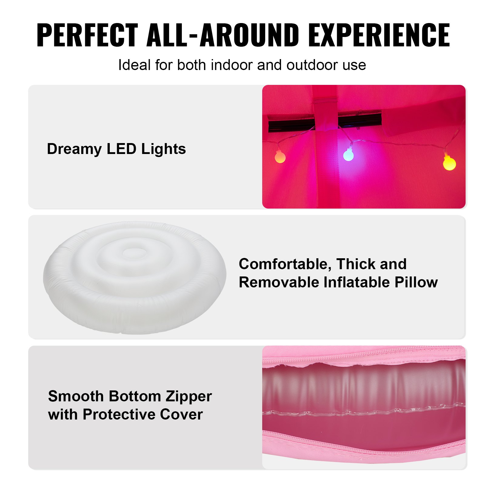 VEVOR Hamaca para Niños, Columpio Colgante para Interiores y Exteriores, Carga de 150 kg, Carpa para Árbol con Cadena de Luces LED, Base Inflable, Carpa para Juegos para Sala de Estar, Jardín, Rosa