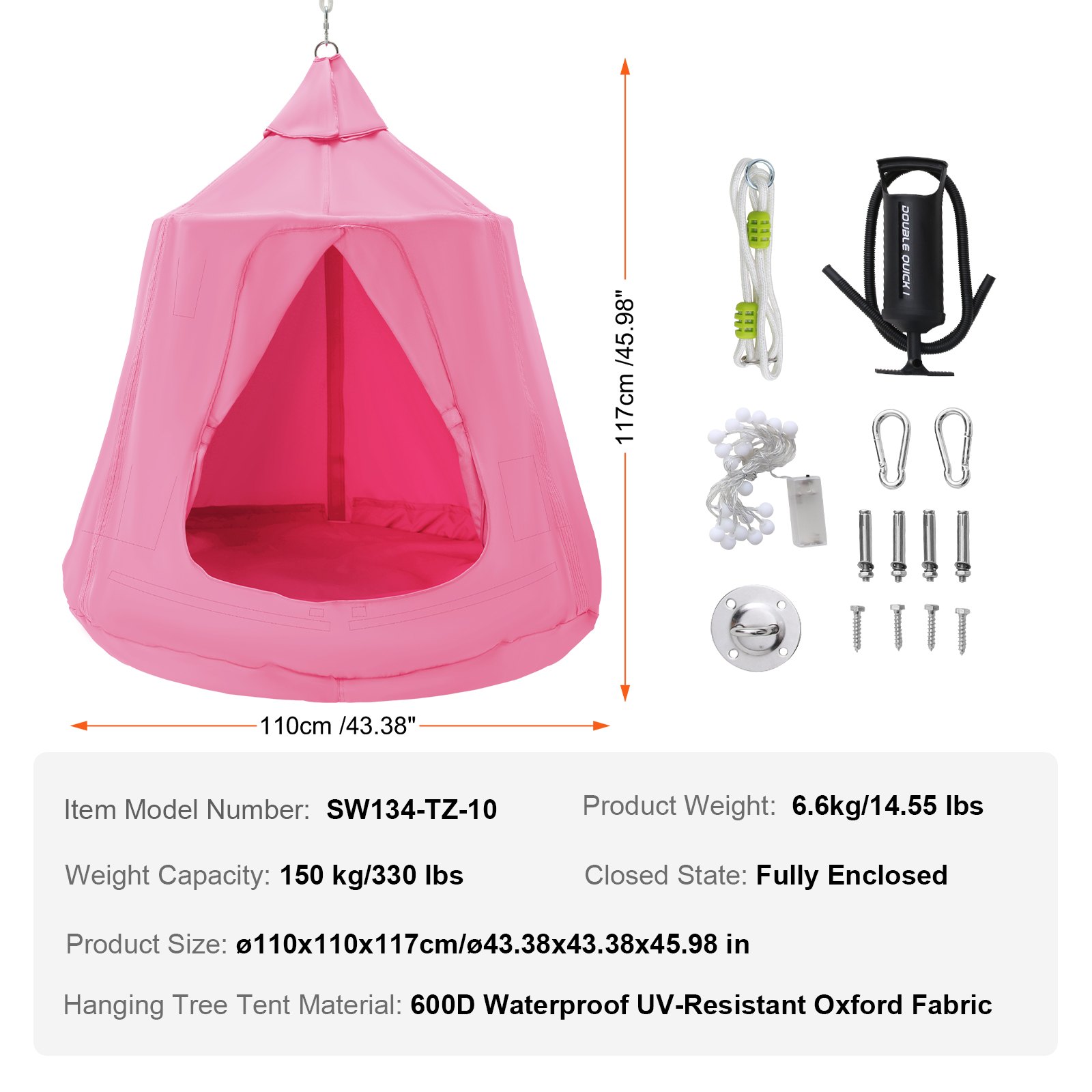 VEVOR Hamaca para Niños, Columpio Colgante para Interiores y Exteriores, Carga de 150 kg, Carpa para Árbol con Cadena de Luces LED, Base Inflable, Carpa para Juegos para Sala de Estar, Jardín, Rosa