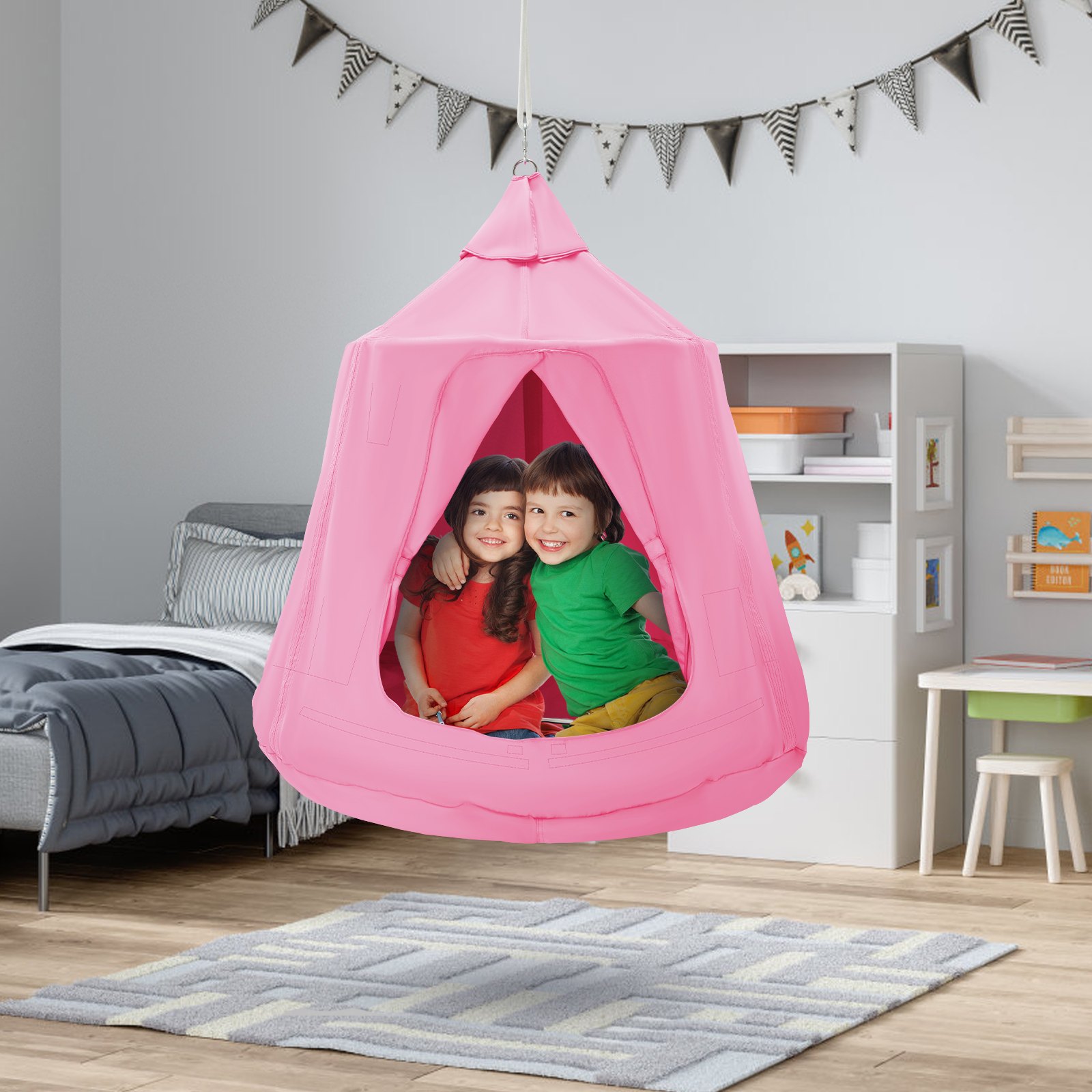 VEVOR Hamaca para Niños, Columpio Colgante para Interiores y Exteriores, Carga de 150 kg, Carpa para Árbol con Cadena de Luces LED, Base Inflable, Carpa para Juegos para Sala de Estar, Jardín, Rosa