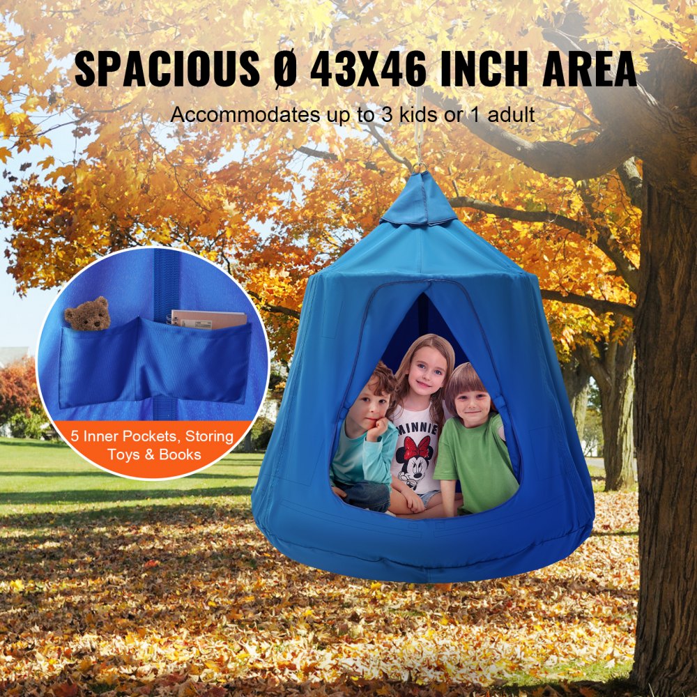 VEVOR Hamaca para Niños, Columpio Colgante para Interiores y Exteriores, Carga de 150 kg, Carpa para Árbol con Cadena de Luces LED, Base Inflable, Carpa para Juegos para Sala de Estar, Jardín, Azul