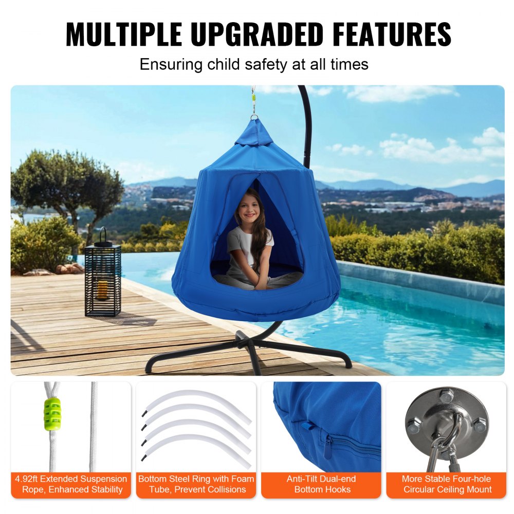 VEVOR Hamaca para Niños, Columpio Colgante para Interiores y Exteriores, Carga de 150 kg, Carpa para Árbol con Cadena de Luces LED, Base Inflable, Carpa para Juegos para Sala de Estar, Jardín, Azul