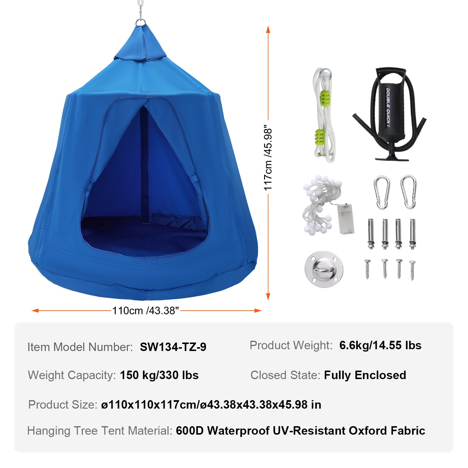 VEVOR Hamaca para Niños, Columpio Colgante para Interiores y Exteriores, Carga de 150 kg, Carpa para Árbol con Cadena de Luces LED, Base Inflable, Carpa para Juegos para Sala de Estar, Jardín, Azul