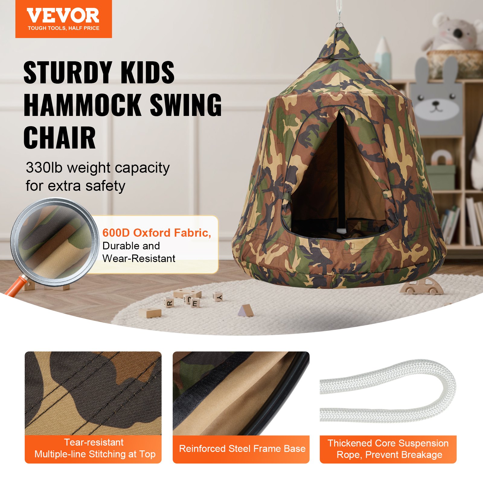 VEVOR Hamaca para Niños, Columpio Colgante para Interiores y Exteriores, Carga de 150 kg, Carpa para Árbol con Cadena de Luces LED, Base Inflable, Carpa para Juegos para Sala de Estar, Jardín, Árbol