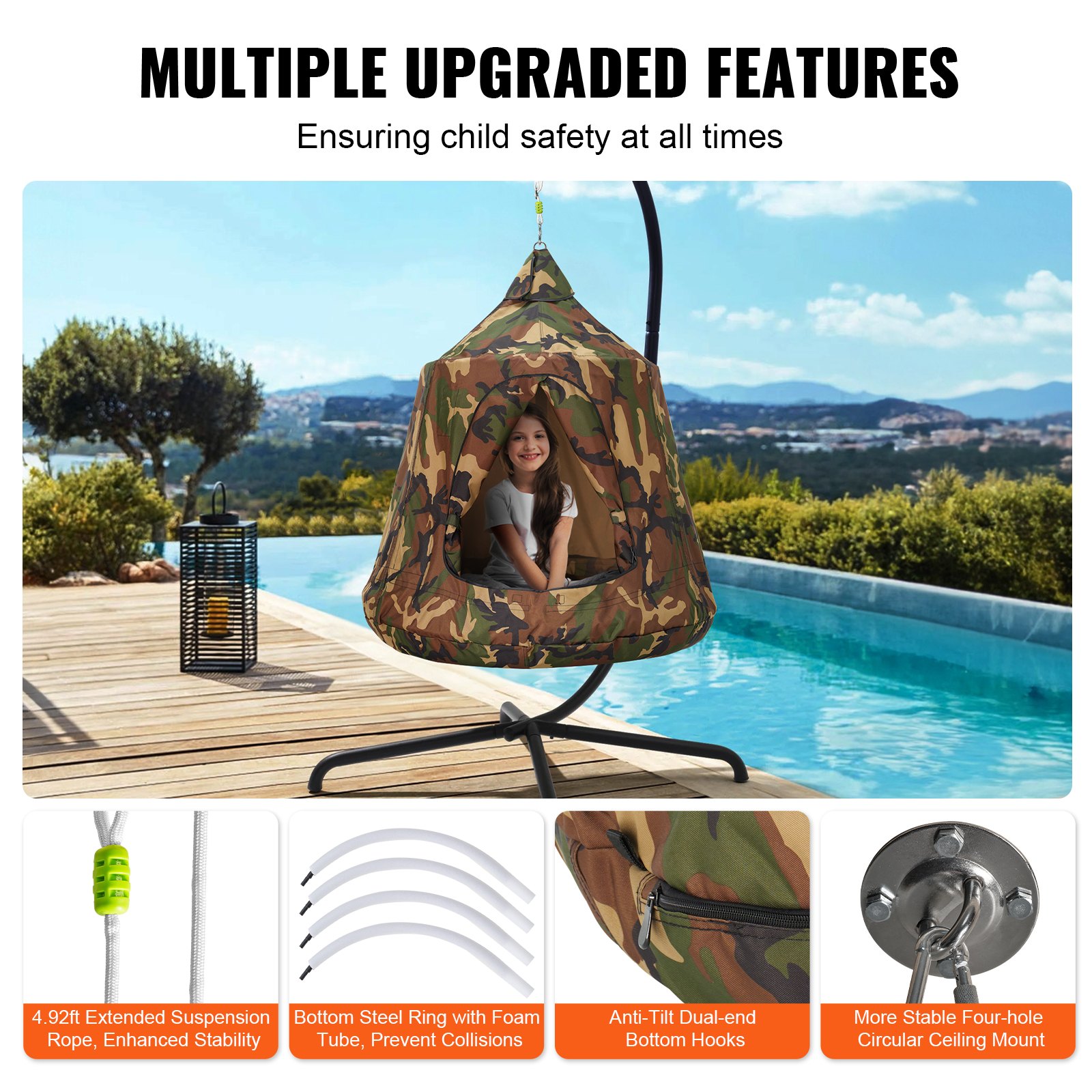 VEVOR Hamaca para Niños, Columpio Colgante para Interiores y Exteriores, Carga de 150 kg, Carpa para Árbol con Cadena de Luces LED, Base Inflable, Carpa para Juegos para Sala de Estar, Jardín, Árbol