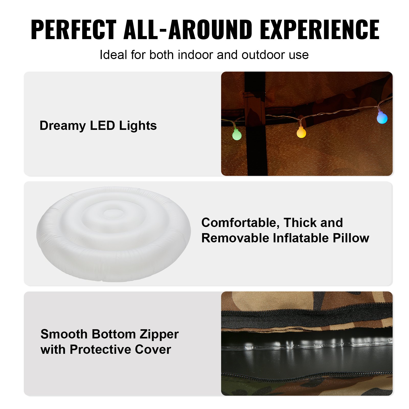 VEVOR Hamaca para Niños, Columpio Colgante para Interiores y Exteriores, Carga de 150 kg, Carpa para Árbol con Cadena de Luces LED, Base Inflable, Carpa para Juegos para Sala de Estar, Jardín, Árbol