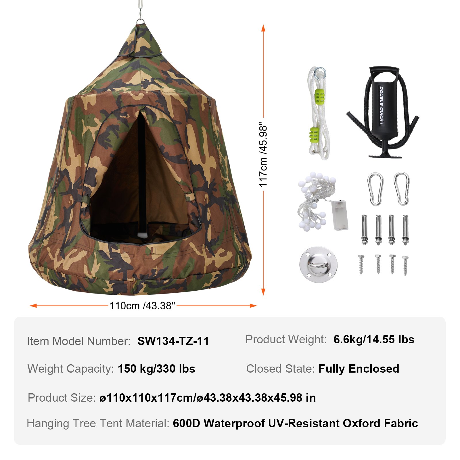 VEVOR Hamaca para Niños, Columpio Colgante para Interiores y Exteriores, Carga de 150 kg, Carpa para Árbol con Cadena de Luces LED, Base Inflable, Carpa para Juegos para Sala de Estar, Jardín, Árbol