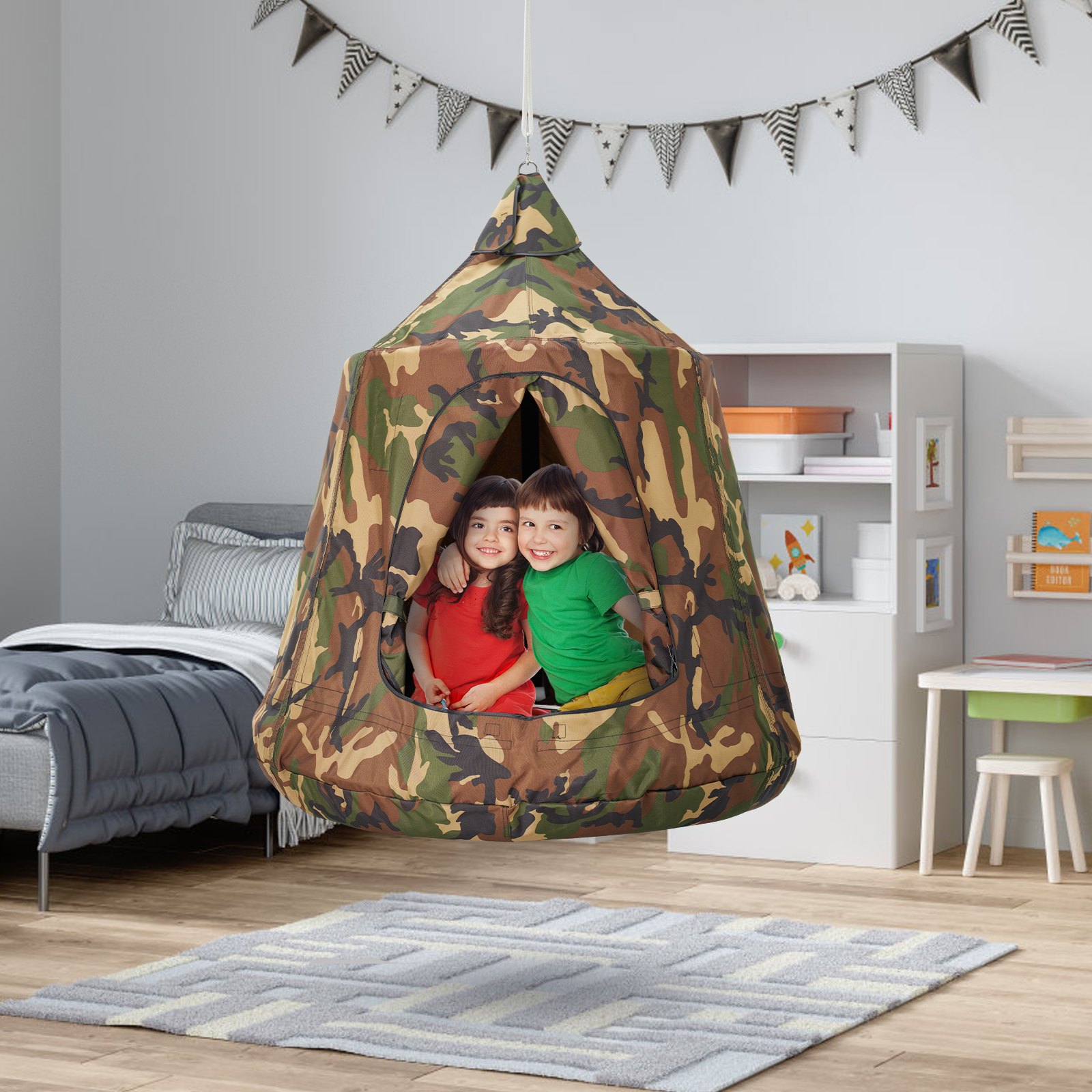 VEVOR Hamaca para Niños, Columpio Colgante para Interiores y Exteriores, Carga de 150 kg, Carpa para Árbol con Cadena de Luces LED, Base Inflable, Carpa para Juegos para Sala de Estar, Jardín, Árbol