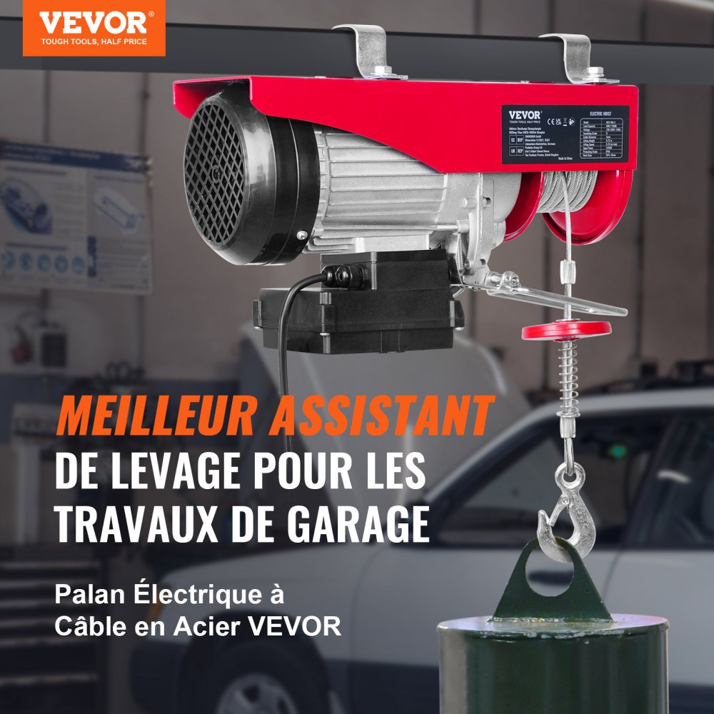 VEVOR Polipasto Eléctrico de Cable Capacidad de 800kg Polipasto 1450 W con Mando a Distancia Inalámbrico 10 m/min Altura de Elevación 12m Cable Único Motor para Garajes Almacenes Plantas
