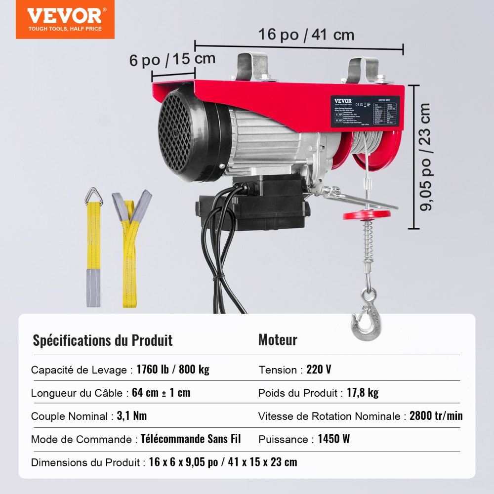 VEVOR Polipasto Eléctrico de Cable Capacidad de 800kg Polipasto 1450 W con Mando a Distancia Inalámbrico 10 m/min Altura de Elevación 12m Cable Único Motor para Garajes Almacenes Plantas