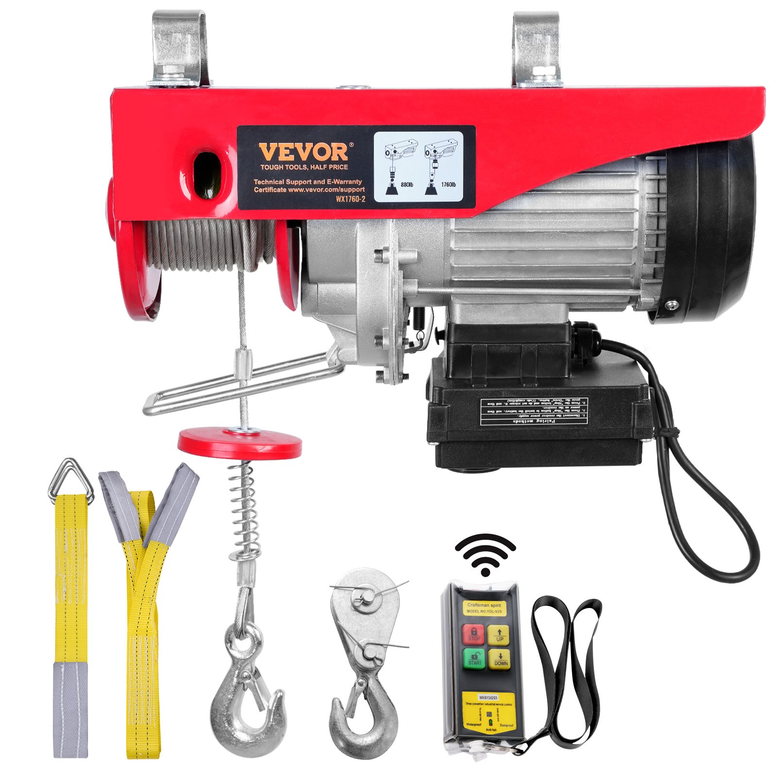 VEVOR Polipasto Eléctrico de Cable Capacidad de 800kg Polipasto 1450 W con Mando a Distancia Inalámbrico 10 m/min Altura de Elevación 12m Cable Único Motor para Garajes Almacenes Plantas