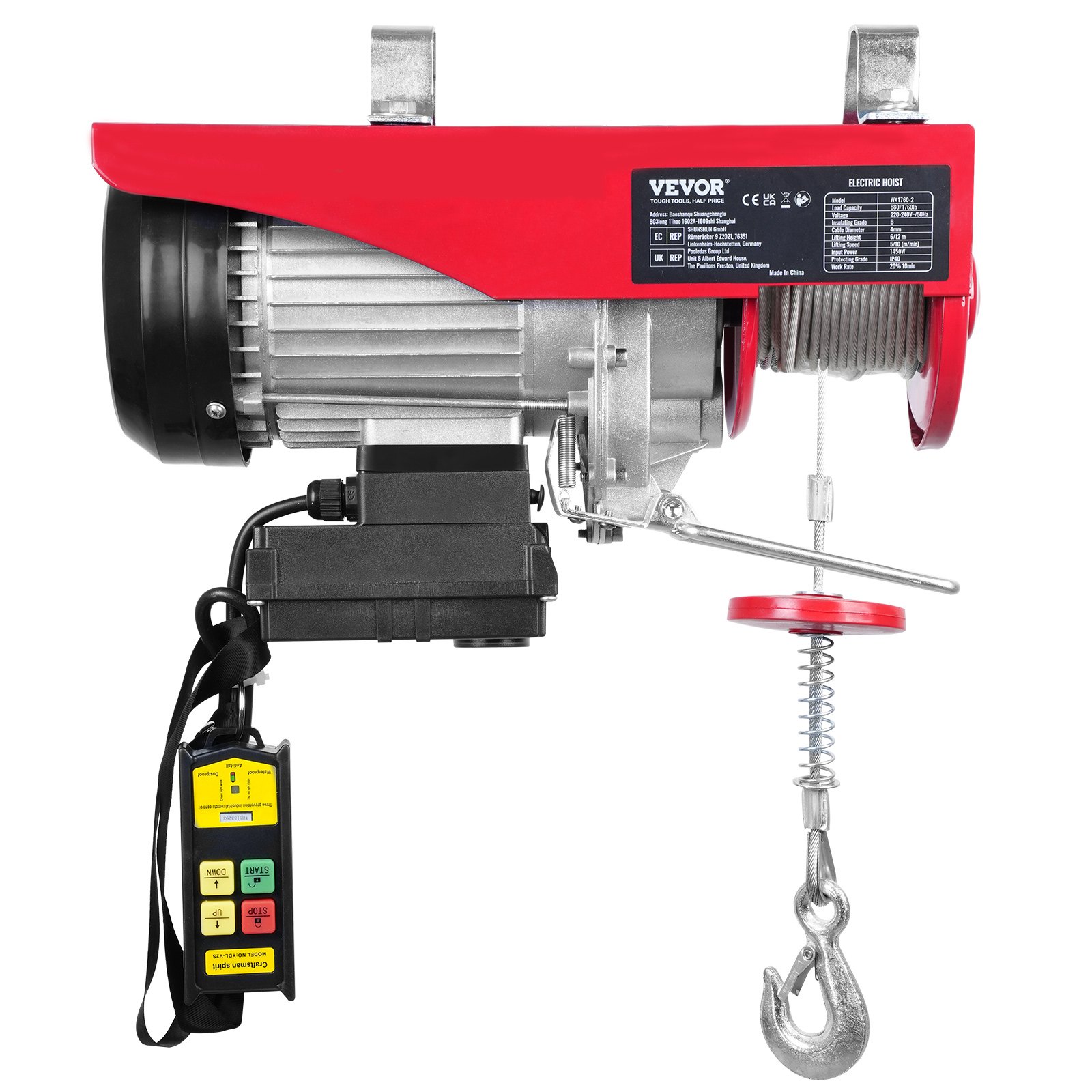 VEVOR Polipasto Eléctrico de Cable Capacidad de 800kg Polipasto 1450 W con Mando a Distancia Inalámbrico 10 m/min Altura de Elevación 12m Cable Único Motor para Garajes Almacenes Plantas