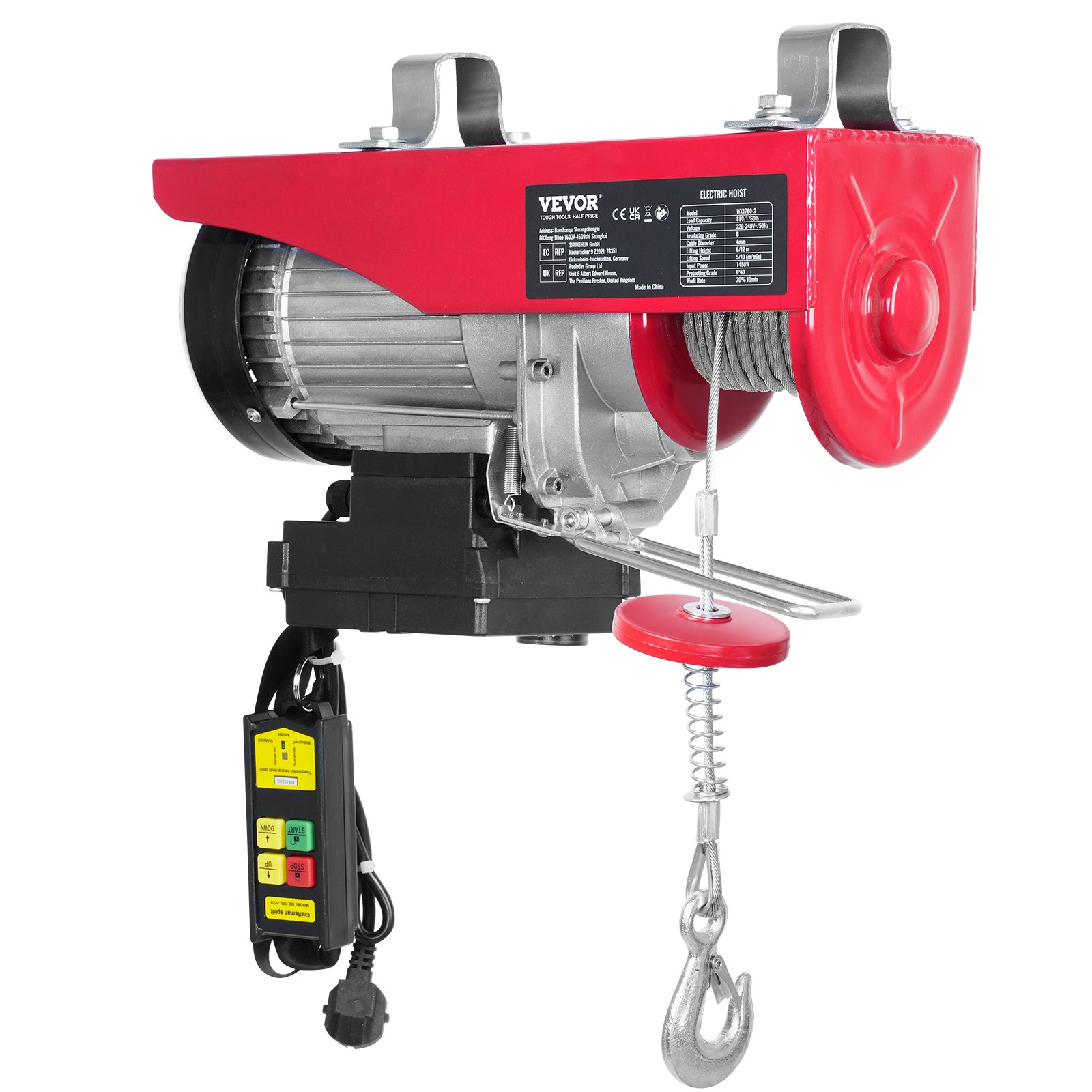 VEVOR Polipasto Eléctrico de Cable Capacidad de 800kg Polipasto 1450 W con Mando a Distancia Inalámbrico 10 m/min Altura de Elevación 12m Cable Único Motor para Garajes Almacenes Plantas