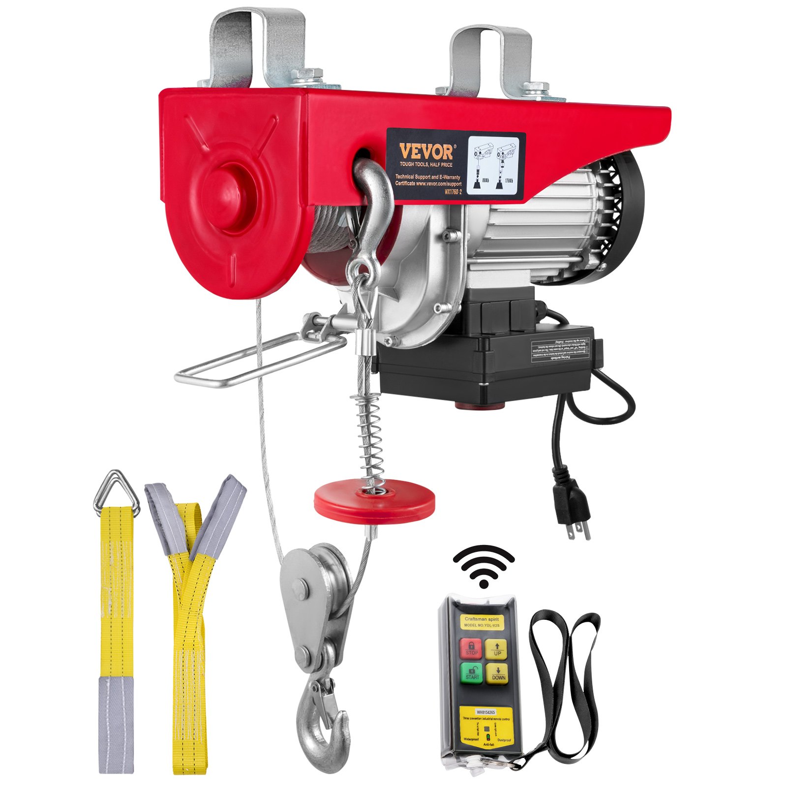 VEVOR Polipasto Eléctrico de Cable Capacidad de 800kg Polipasto 1450 W con Mando a Distancia Inalámbrico 10 m/min Altura de Elevación 12m Cable Único Motor para Garajes Almacenes Plantas
