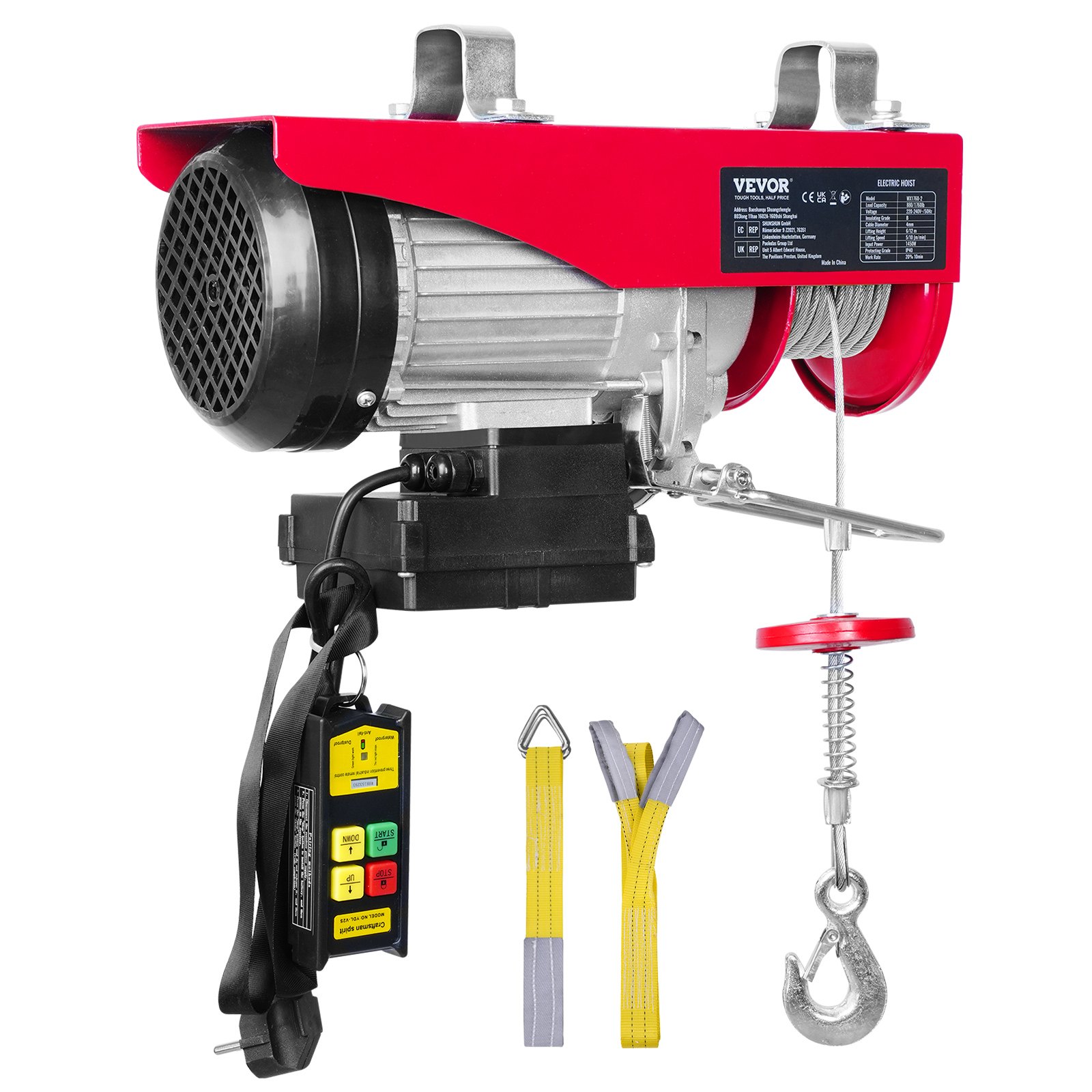 VEVOR Polipasto Eléctrico de Cable Capacidad de 800kg Polipasto 1450 W con Mando a Distancia Inalámbrico 10 m/min Altura de Elevación 12m Cable Único Motor para Garajes Almacenes Plantas