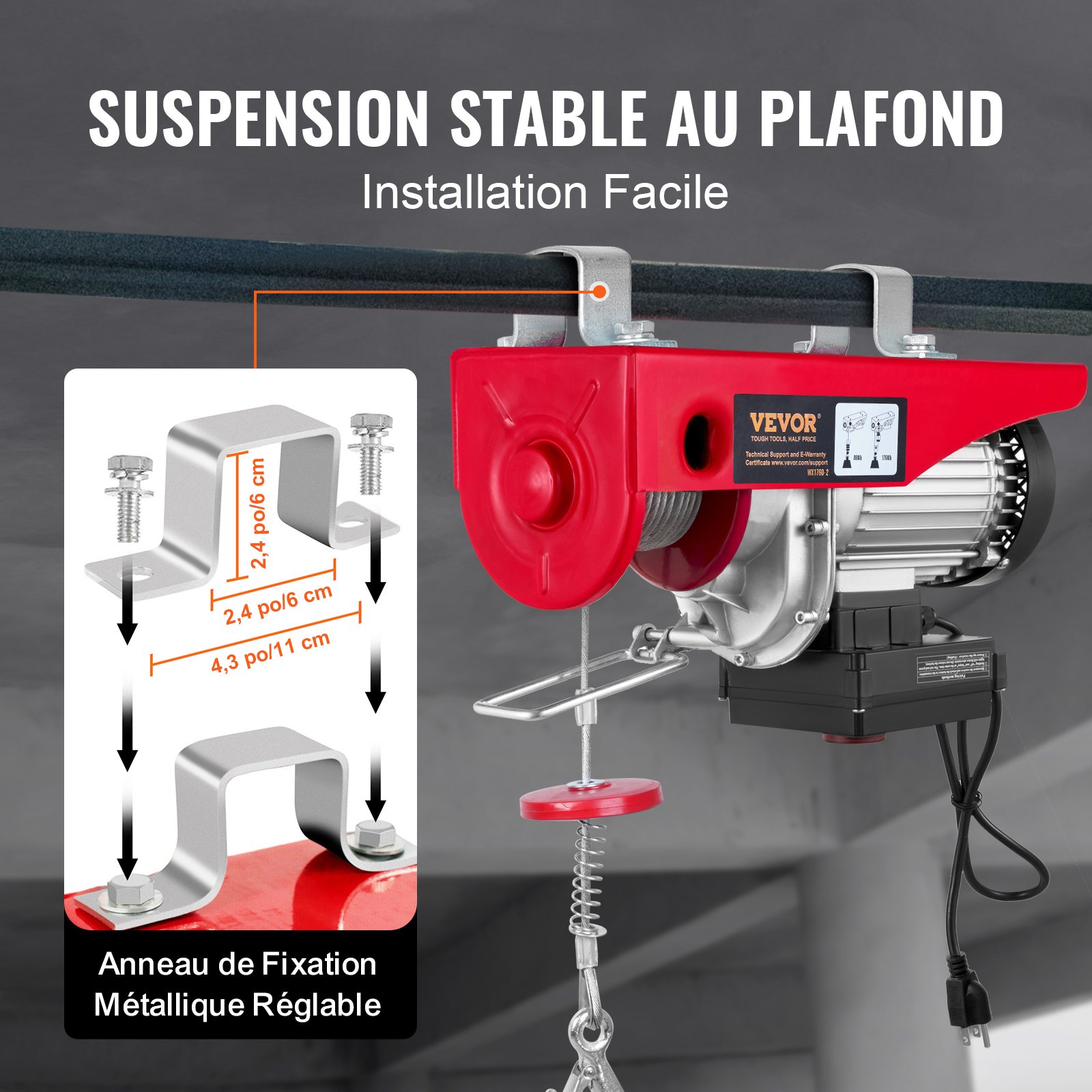 VEVOR Polipasto Eléctrico Carga de Elevación de 1000 kg Polipasto 1600W con Mando a Distancia Inalámbrico 10m/min Altura de Elevación 12m Cable Único Motor para Garajes Almacenes Plantas