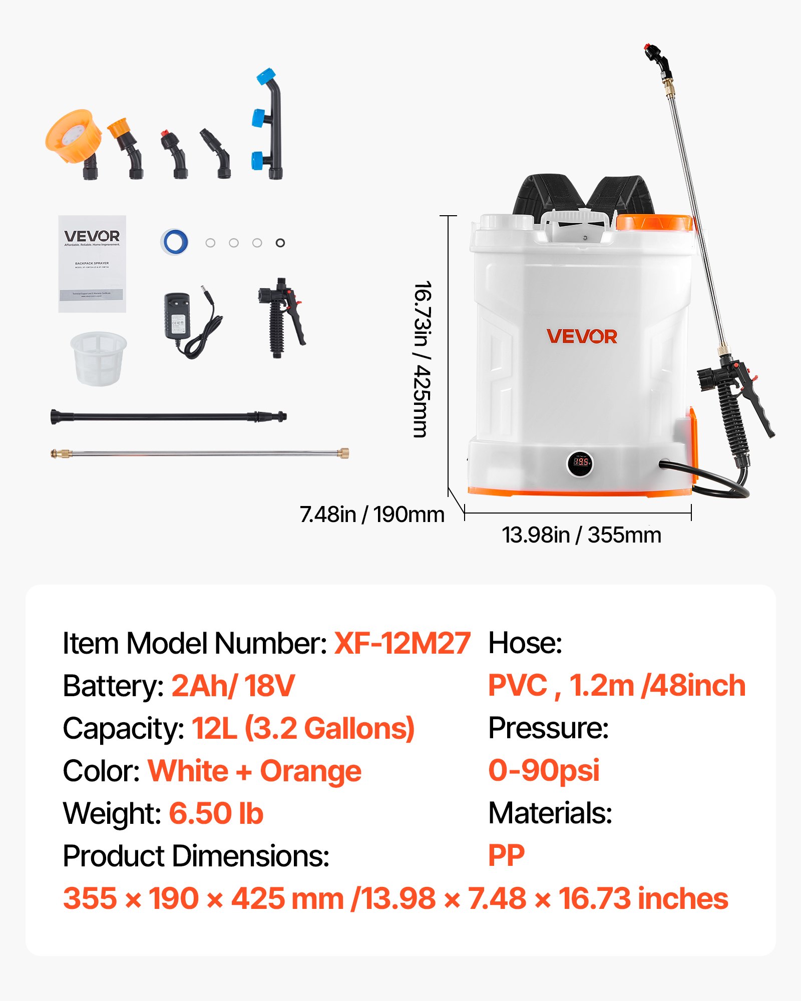 VEVOR Pulverizador de Mochila a Batería, Pulverizador Eléctrico de Mochila Portátil de 12 L con 2 Varillas Retráctiles y 5 Boquillas, Ajustable de 0-90 PSI, 2 Horas de Autonomía para Jardín, Césped