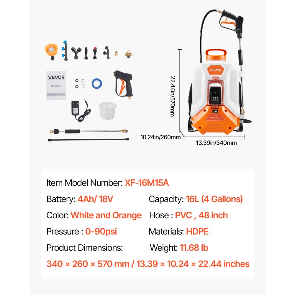 VEVOR Pulverizador de Mochila a Batería, Pulverizador Eléctrico de Mochila Portátil de 15 L con 2 Varillas Retráctiles y 8 Boquillas, Ajustable de 0-90 PSI, 4 Horas de Autonomía para Jardín, Césped