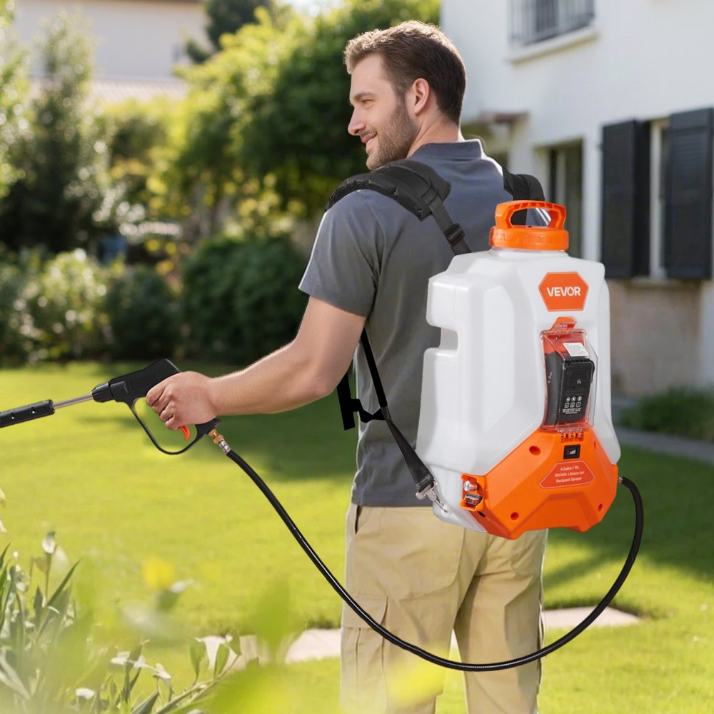 VEVOR Pulverizador de Mochila a Batería, Pulverizador Eléctrico de Mochila Portátil de 15 L con 2 Varillas Retráctiles y 8 Boquillas, Ajustable de 0-90 PSI, 4 Horas de Autonomía para Jardín, Césped