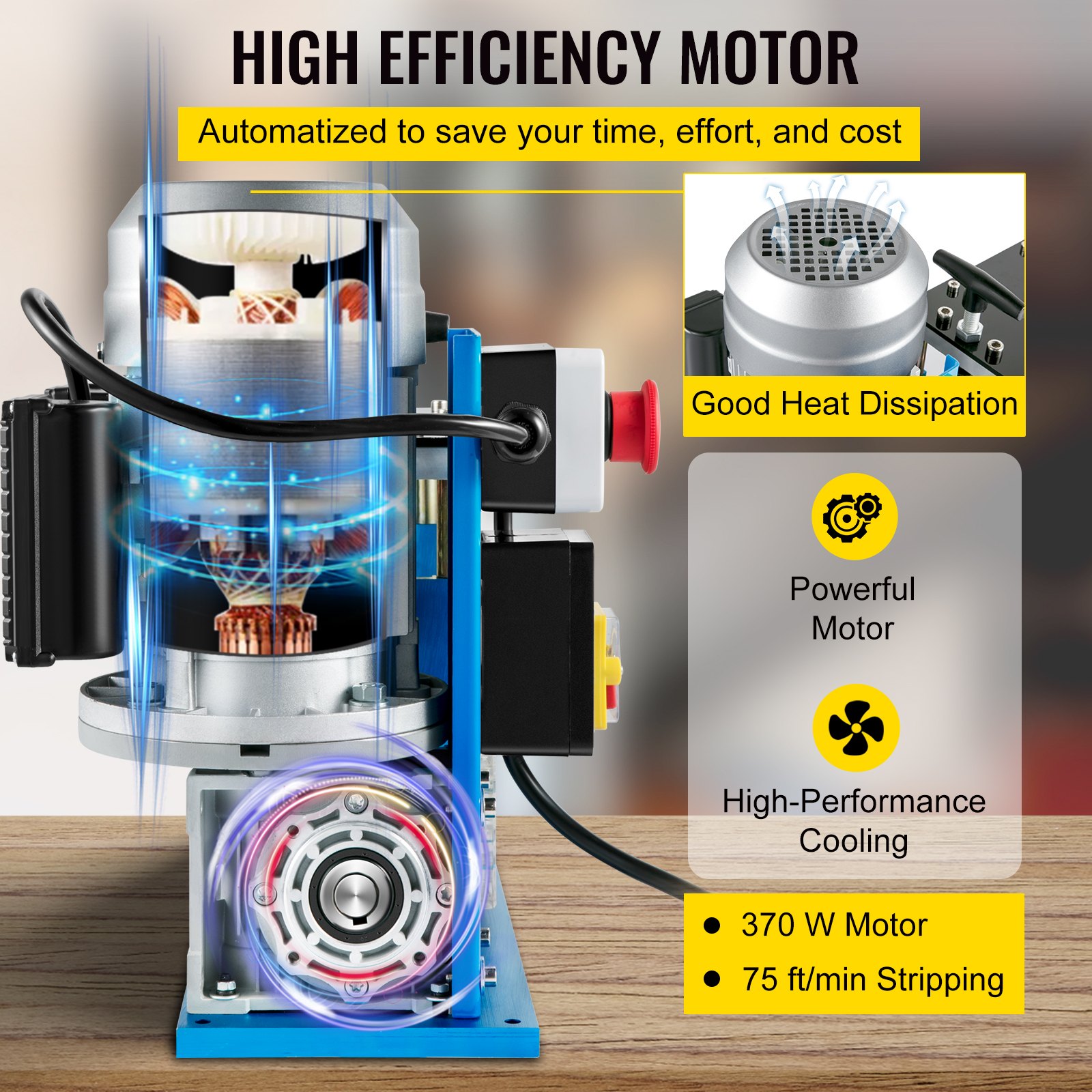 VEVOR Máquina Peladora de Cables Eléctricos 370 W Máquina Pelacable 1,5 mm - 38 mm Color Azul 17,3pulg.x12 pulg.x14,1 pulg. Máquina Pelacables Automática 50 HZ para Manejar Diferentes Tipos de Cables