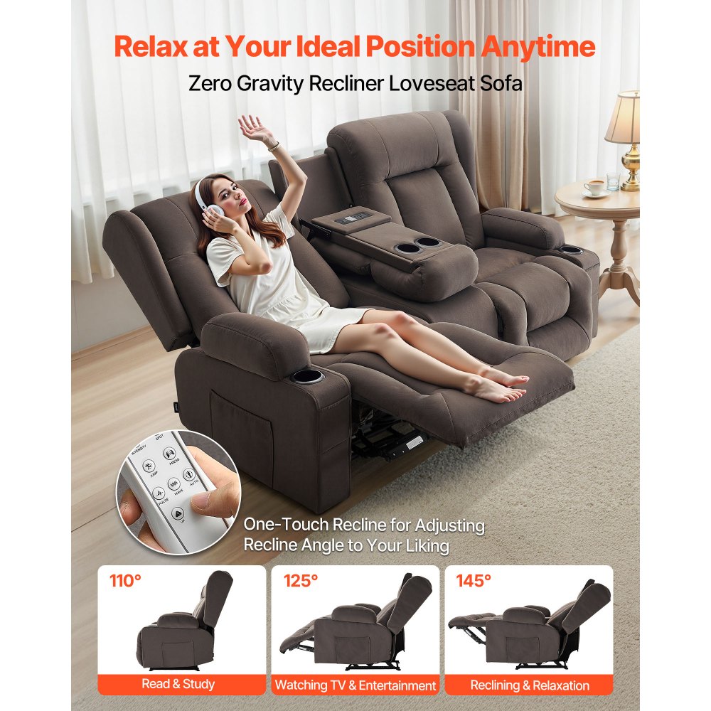 VEVOR Sofá Reclinable Eléctrico 2 Plazas de Gamuza, con Calefacción, Masaje y Consola Central, con Puertos USB, Portavasos y Bolsillos Laterales, Sala de Estar y Apartamento, 96,5 x 183 x 108 cm