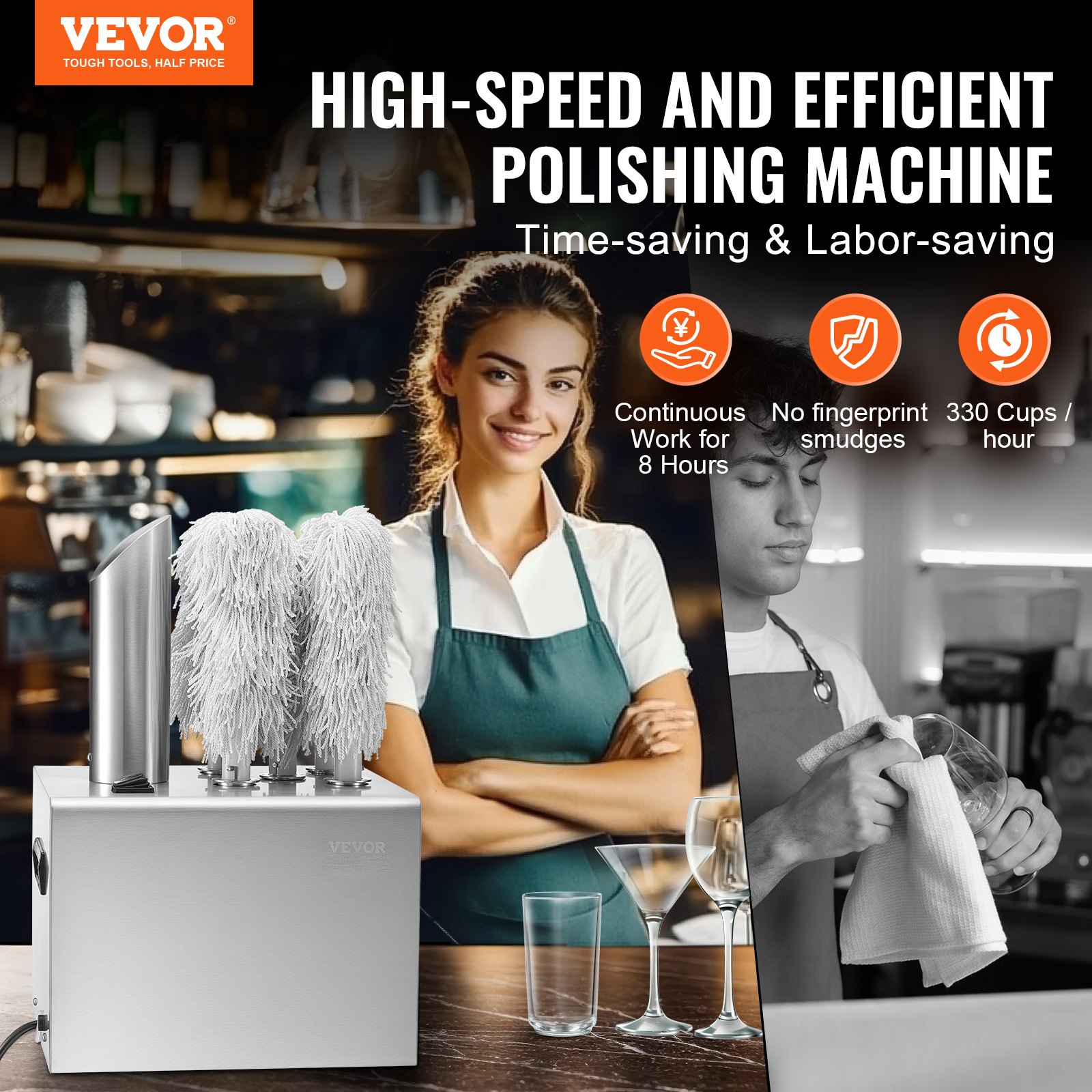 VEVOR Glass Polishing Machine, Wine Glass Polishing Machine with 5 Polishing Heads, 330 Cups/Hour, Electric Commercial Glass Polisher for Champagne Glasses, Beer Mugs, Tumblers, Perfect for Bars and Restaurants