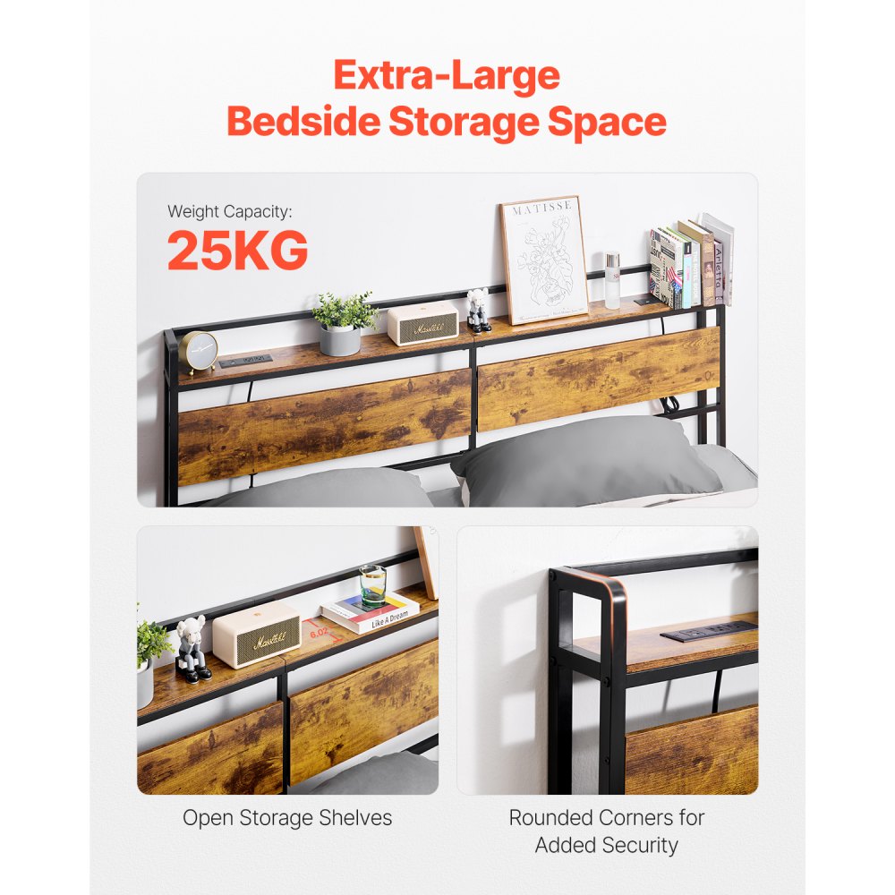 VEVOR Cabecero para Cama Tamaño King 1980 x 150 x 1015 mm, Cabecero de Altura Ajustable con Estante de Almacenamiento, Tomas de Corriente y Puerto USB para Diferentes Marcos de Cama, Negro y Marrón