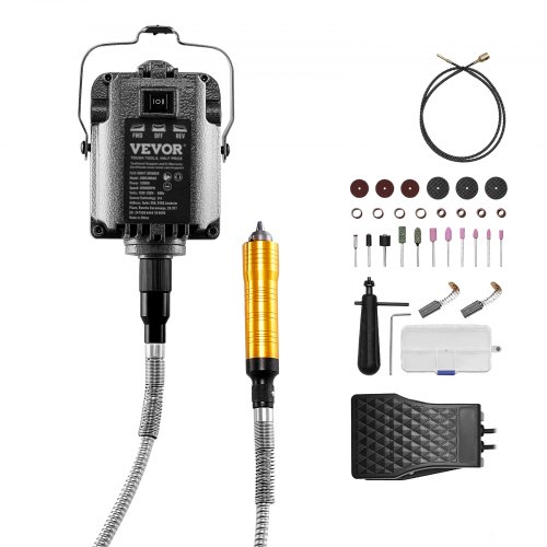 VEVOR Amoladora de Eje Flexible, Herramienta Rotativa Eléctrica de Eje Flexible de 1000 W y 30 000 RPM, con 31 Accesorios y Pedal para Tallar, Pulir, Taladrar y Pulir, 1260 x 115 x 95 mm, Negro