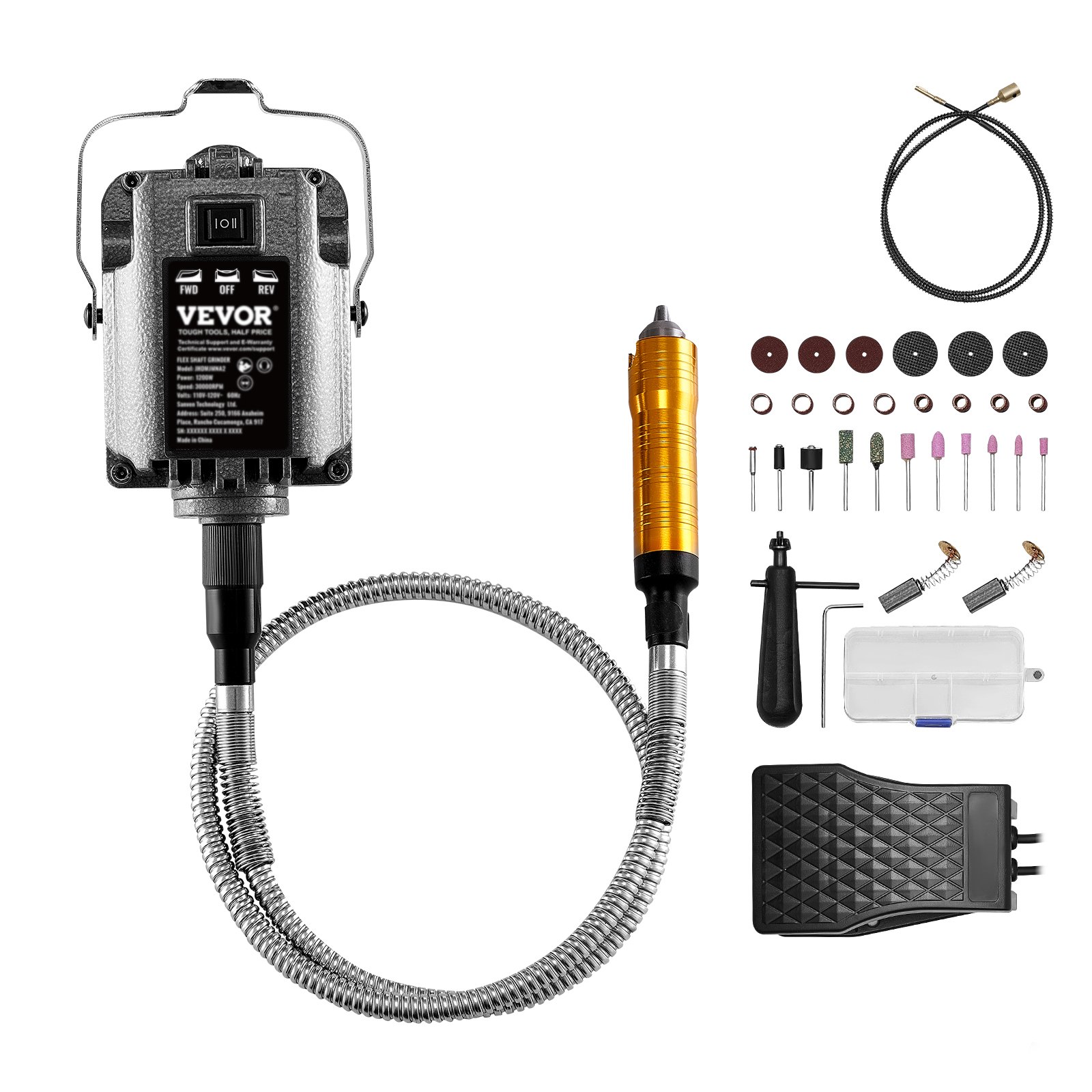 VEVOR Amoladora de Eje Flexible, Herramienta Rotativa Eléctrica de Eje Flexible de 1200 W y 30 000 RPM, con 31 Accesorios y Pedal para Tallar, Pulir, Taladrar y Pulir, 1260 x 115 x 95 mm, Negro